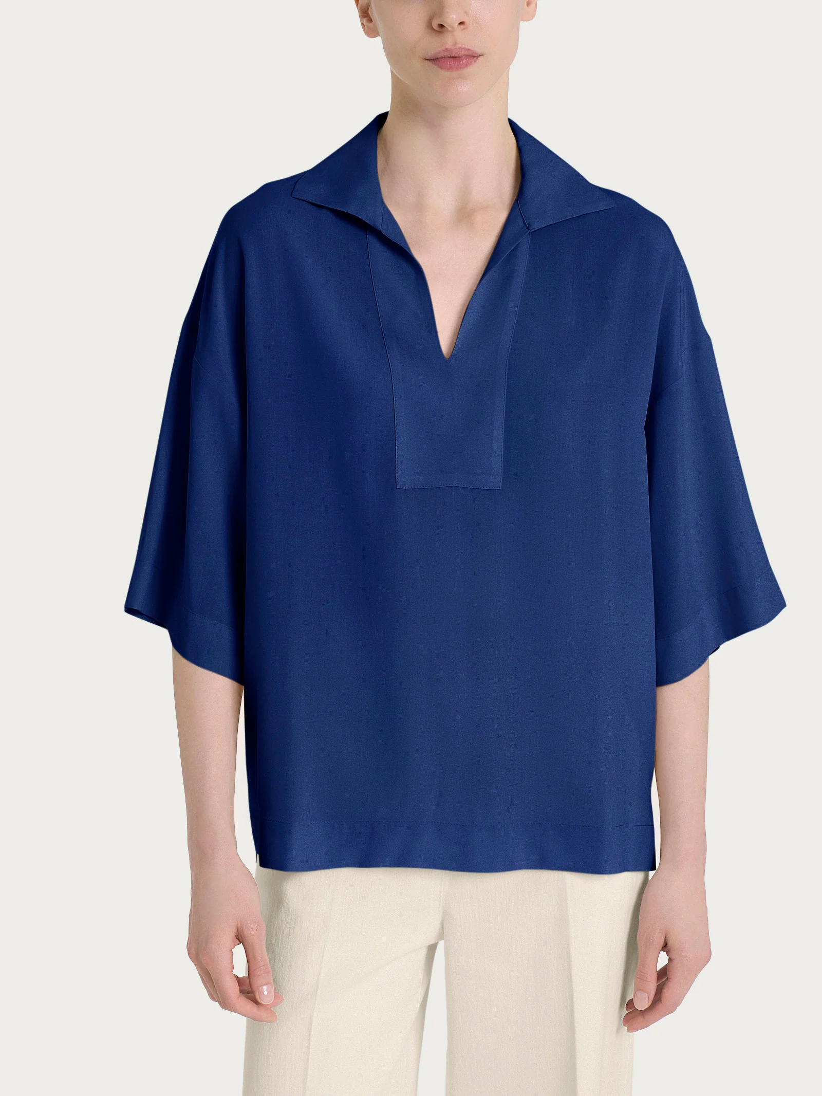 Blusa con colletto polo in EcoSeta - Blueberry