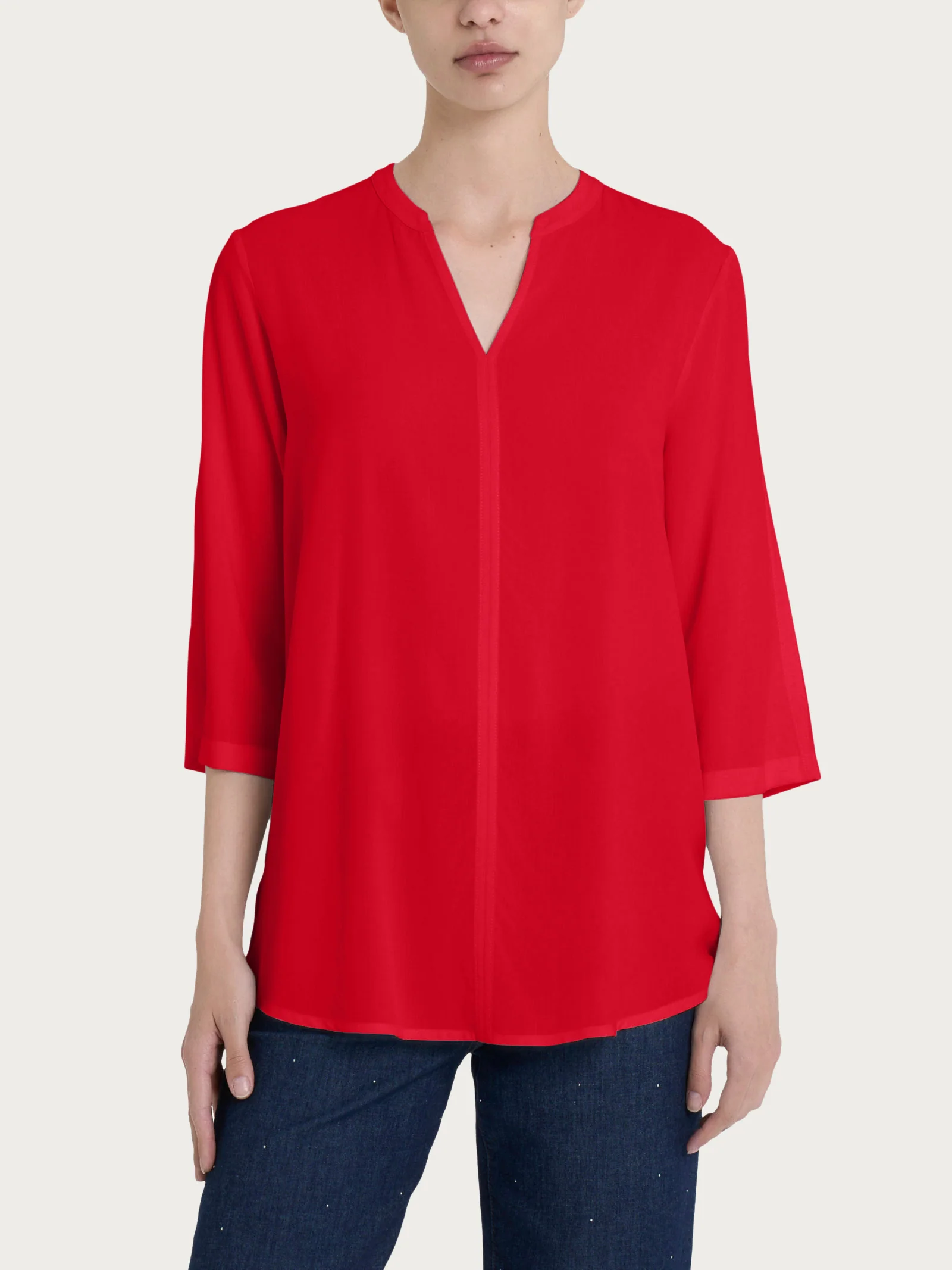 Blusa con collo alla coreana e manica 3/4 in Ecoseta - Salsa