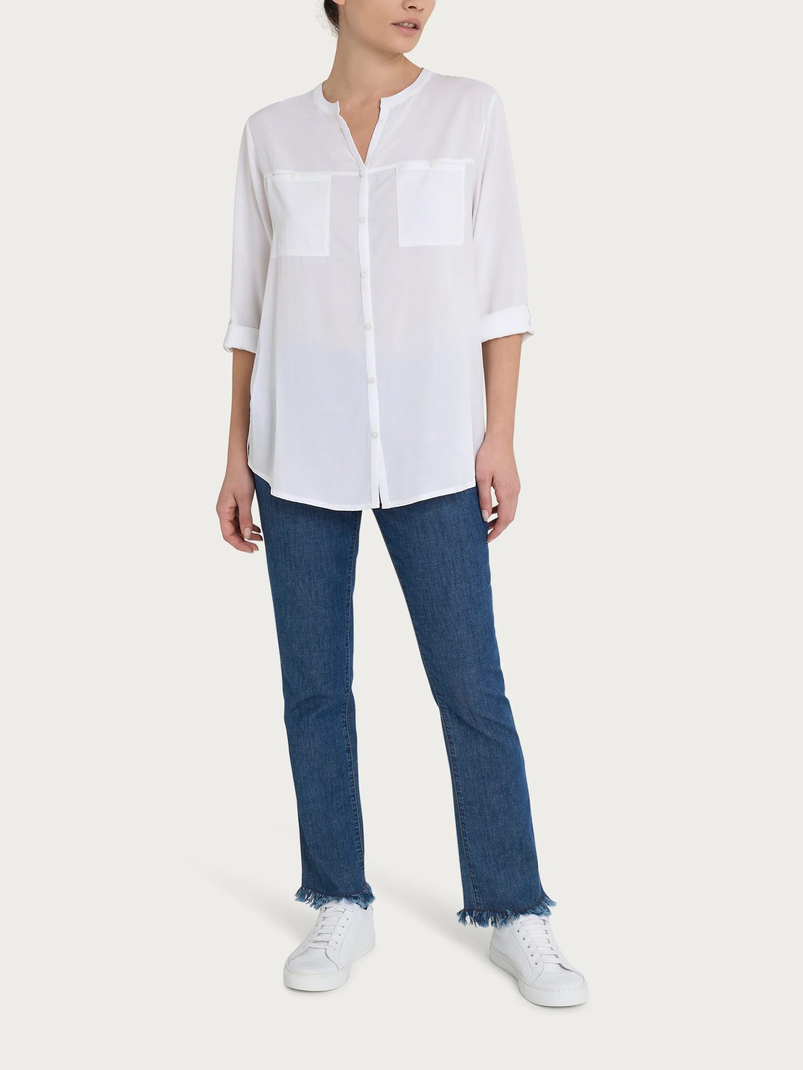 Camicia con collo alla coreana in EcoSeta - Bianco - Image 6