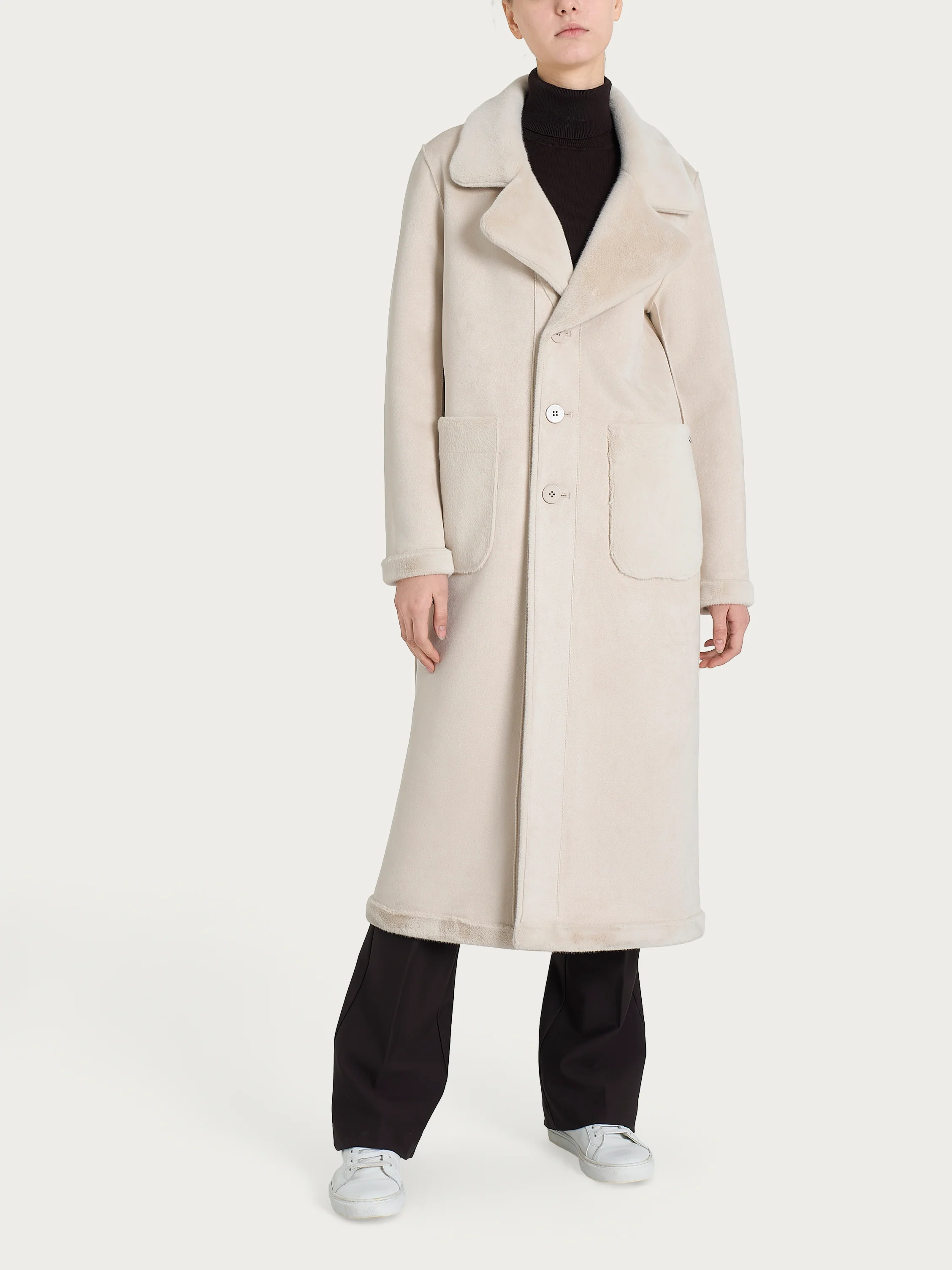 Cappotto lungo con revers double-face in Vegan Shearling - Champignon