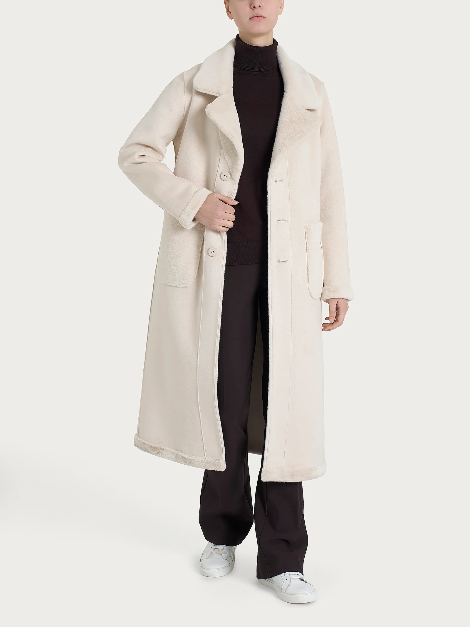 Cappotto lungo con revers double-face in Vegan Shearling - Champignon - Image 11