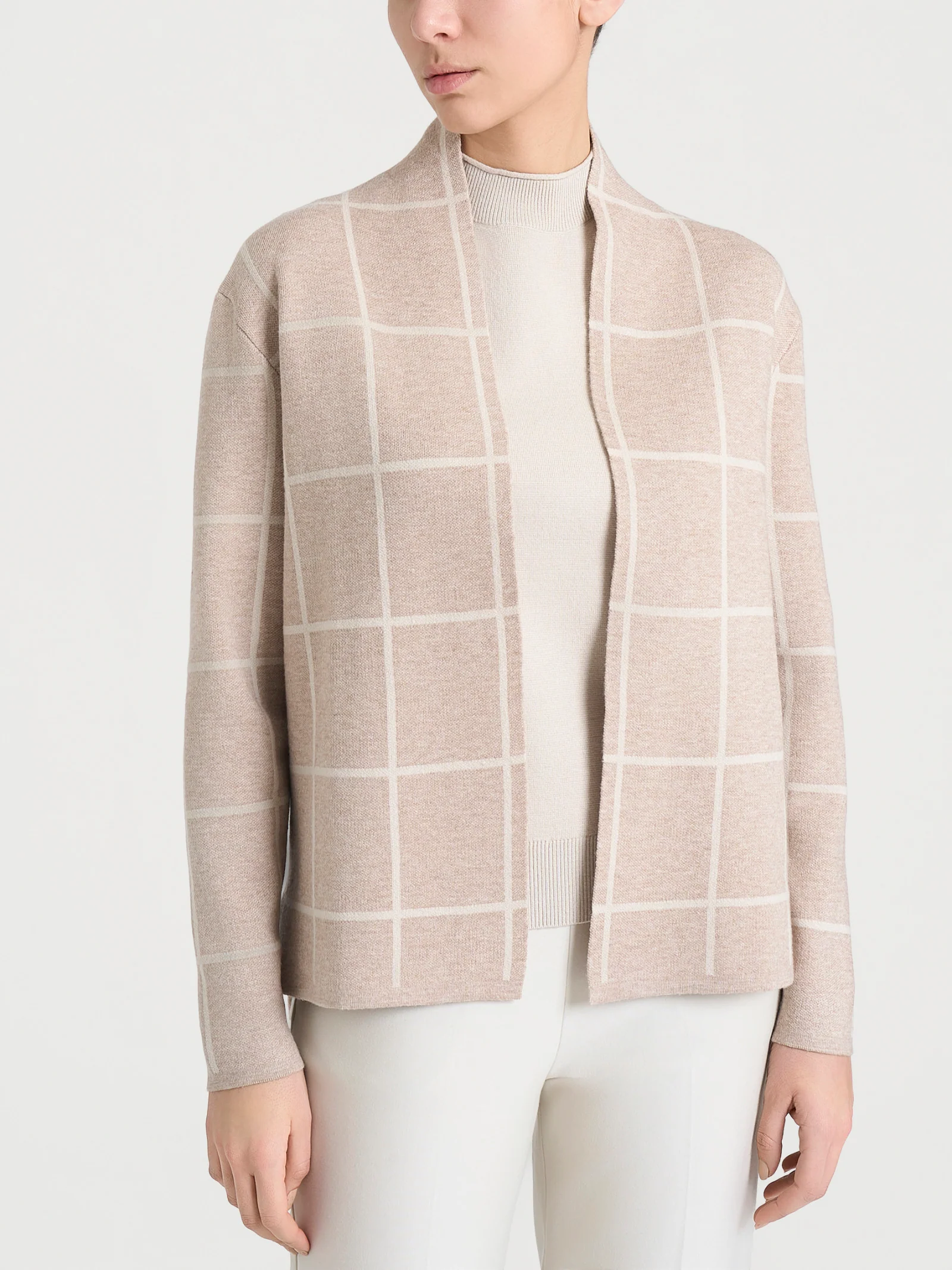 Cardigan aperto con fantasia check in Super Soft - Fant.Cammello Mel.