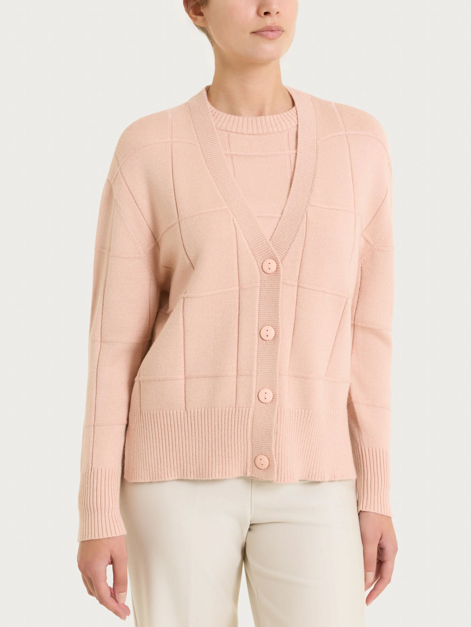 Cardigan con scollo a V e fantasia check in Super Soft - Cameo Rose