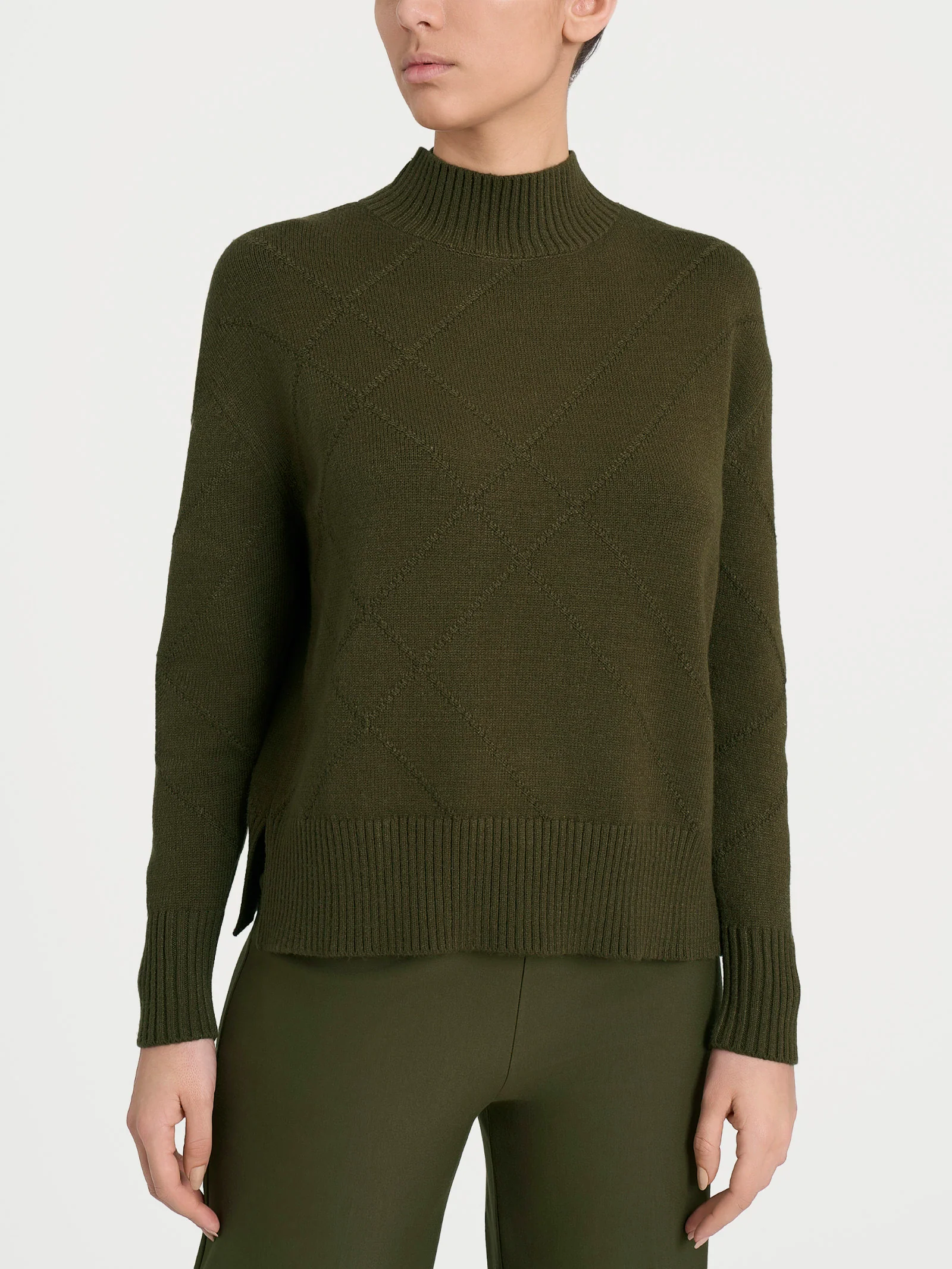 Lupetto con fantasia check diagonale in Super Soft - Dark Olive