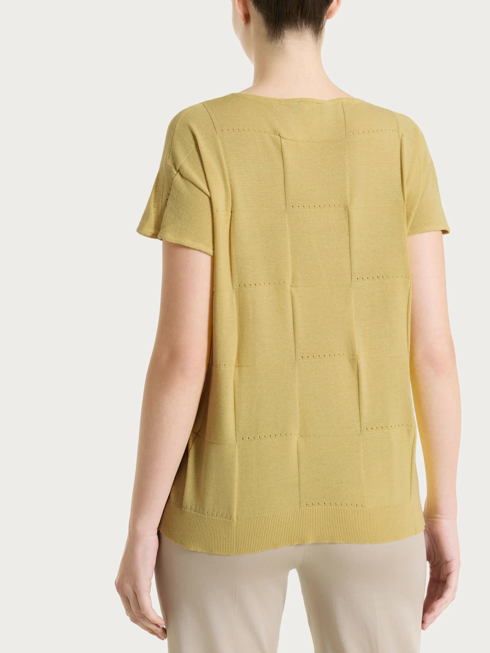 Maglia a manica corta con fantasia check in Puro Cotone - Khaki - Image 2