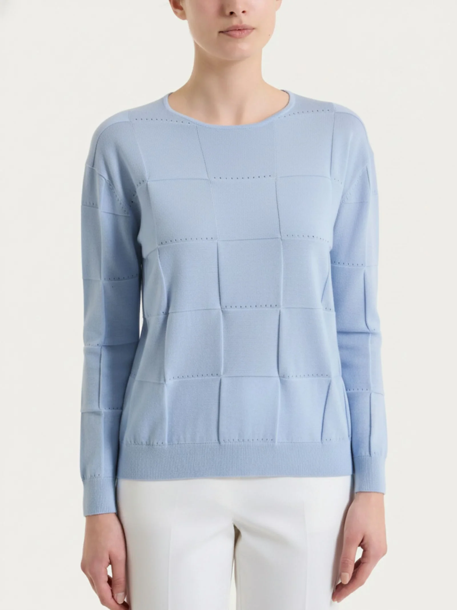 Maglia a manica lunga con fantasia check in Puro Cotone - Dusty Blue