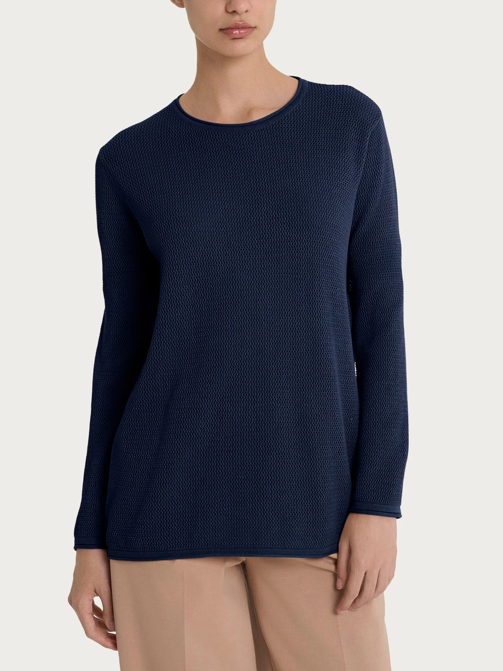 Maglia a manica lunga con punto rete in puro cotone - Bleu