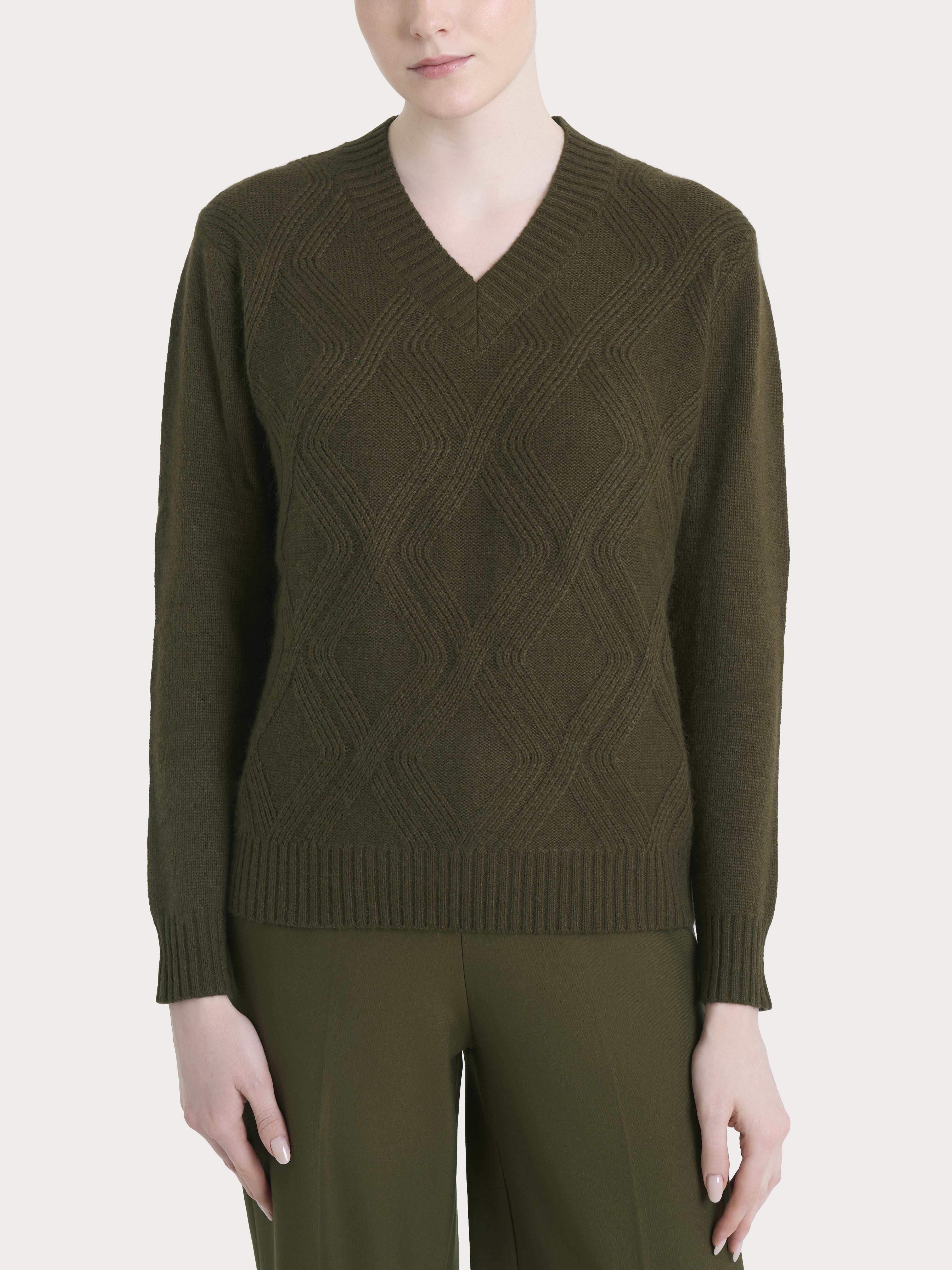 Maglia con scollo a V e con trecce in Natural Soft - Dark Olive