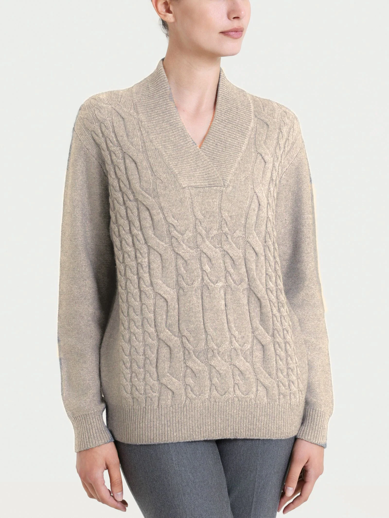 Maglia con scollo a V e trecce alternate in Natural Soft - Zenzero Mel.