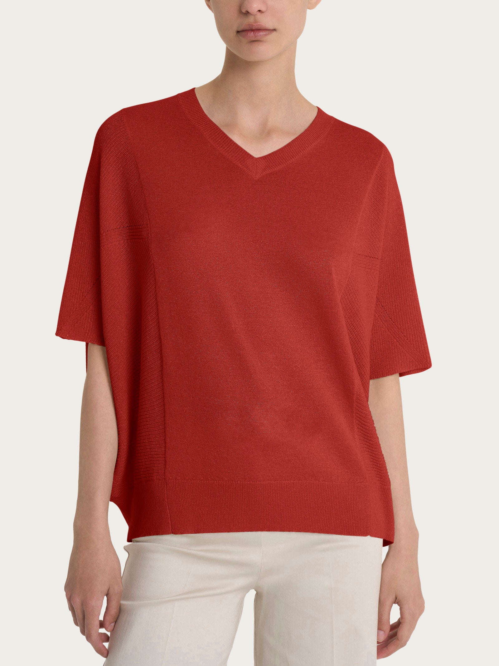 Maglia con scollo a V in Crêpe Lurex - Red Ochre