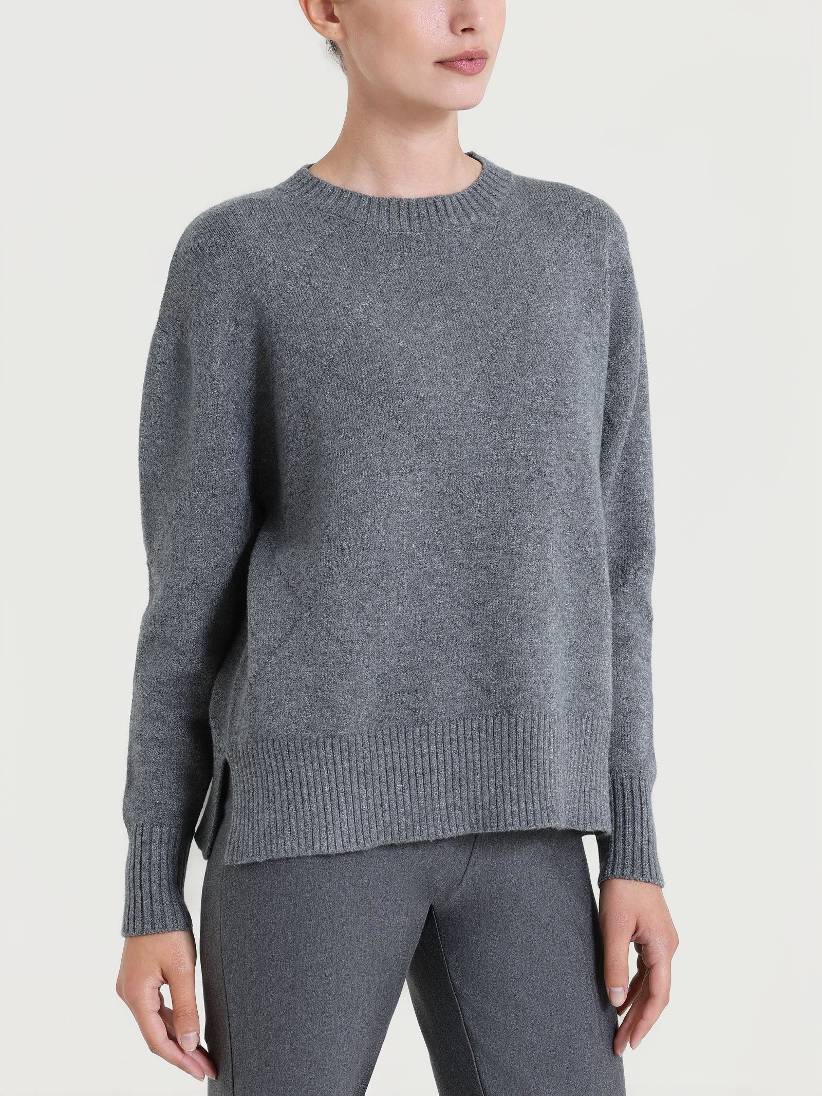 Maglia girocollo con fantasia check diagonale in Super Soft - Ferro Mel.