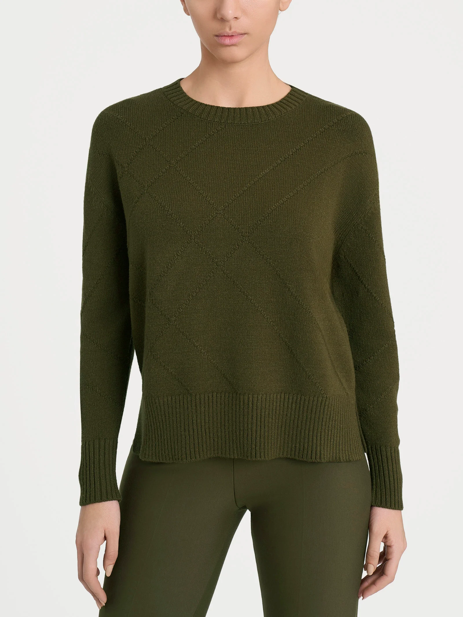 Maglia girocollo con fantasia check diagonale in Super Soft - Dark Olive