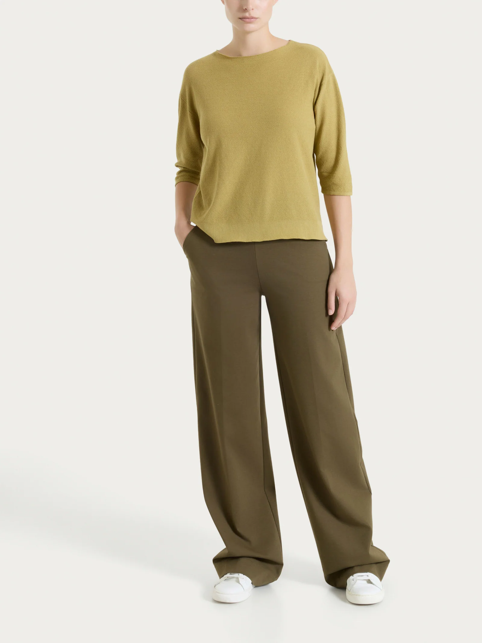 Maglia girocollo in punto piquet di puro cotone - Khaki - Image 5