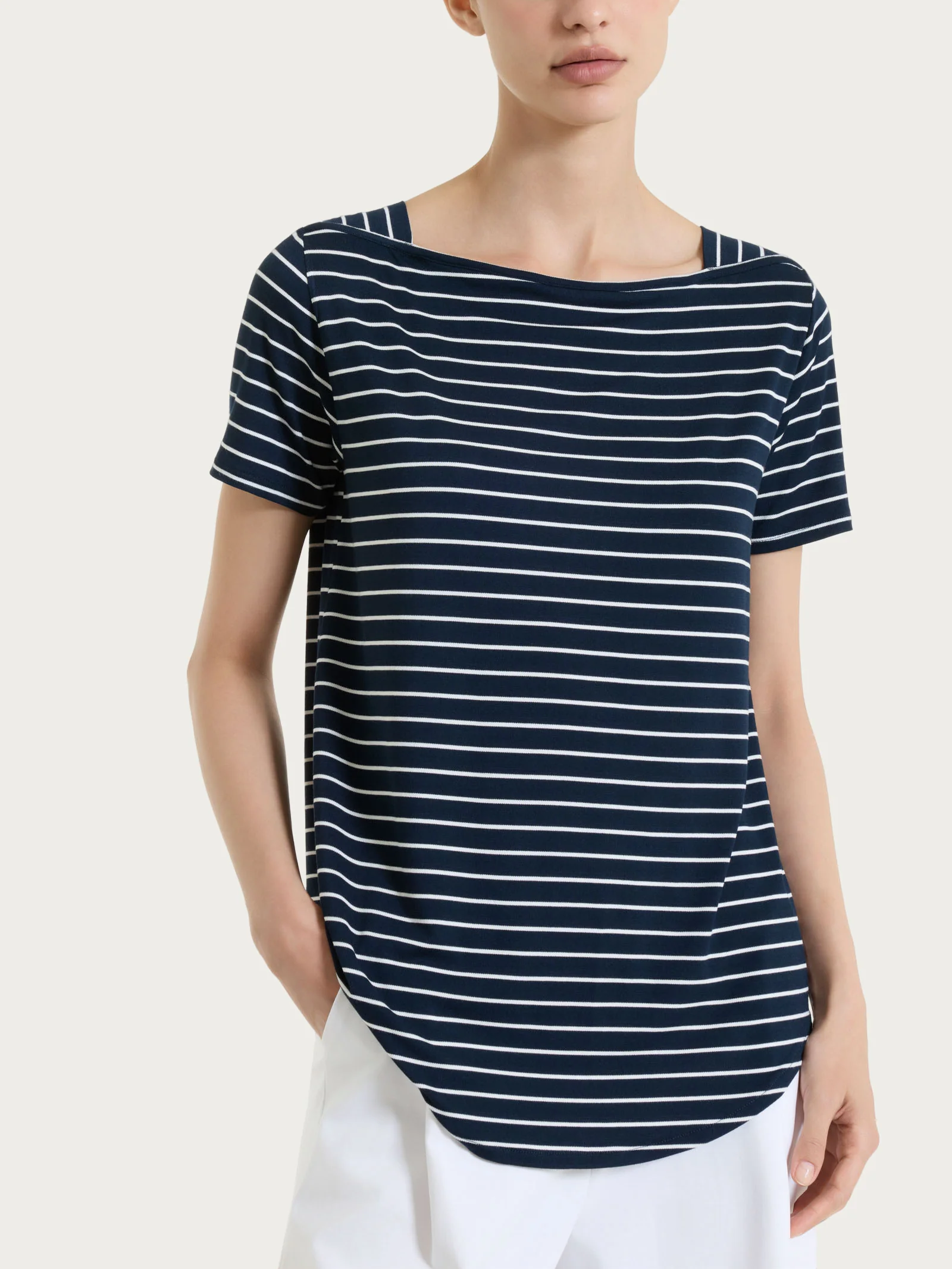 Maglietta a righe con collo a barchetta in Summer Light Piquet - Fant.Bleu