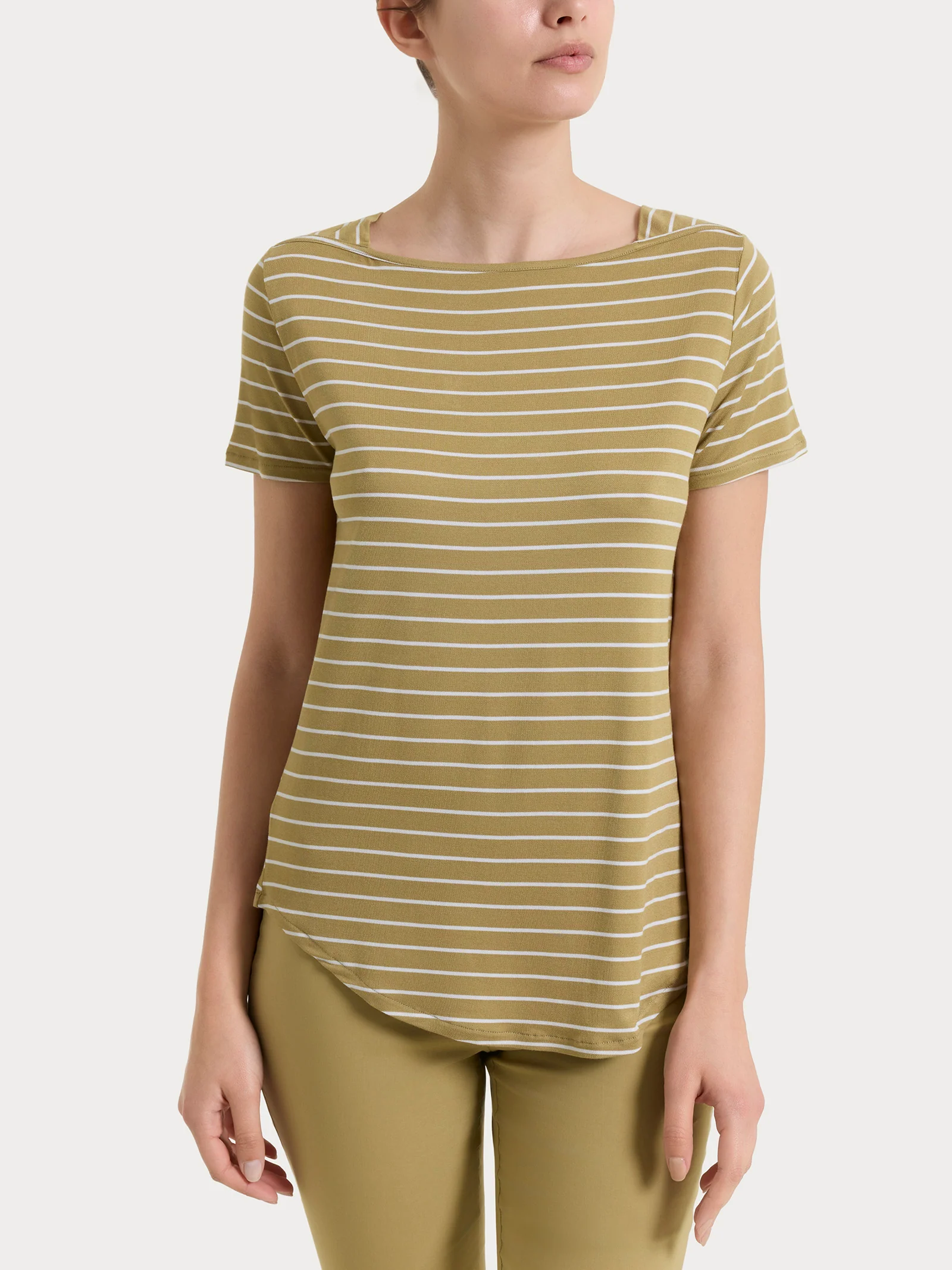 Maglietta a righe con collo a barchetta in Summer Light Piquet - Fant. Khaki