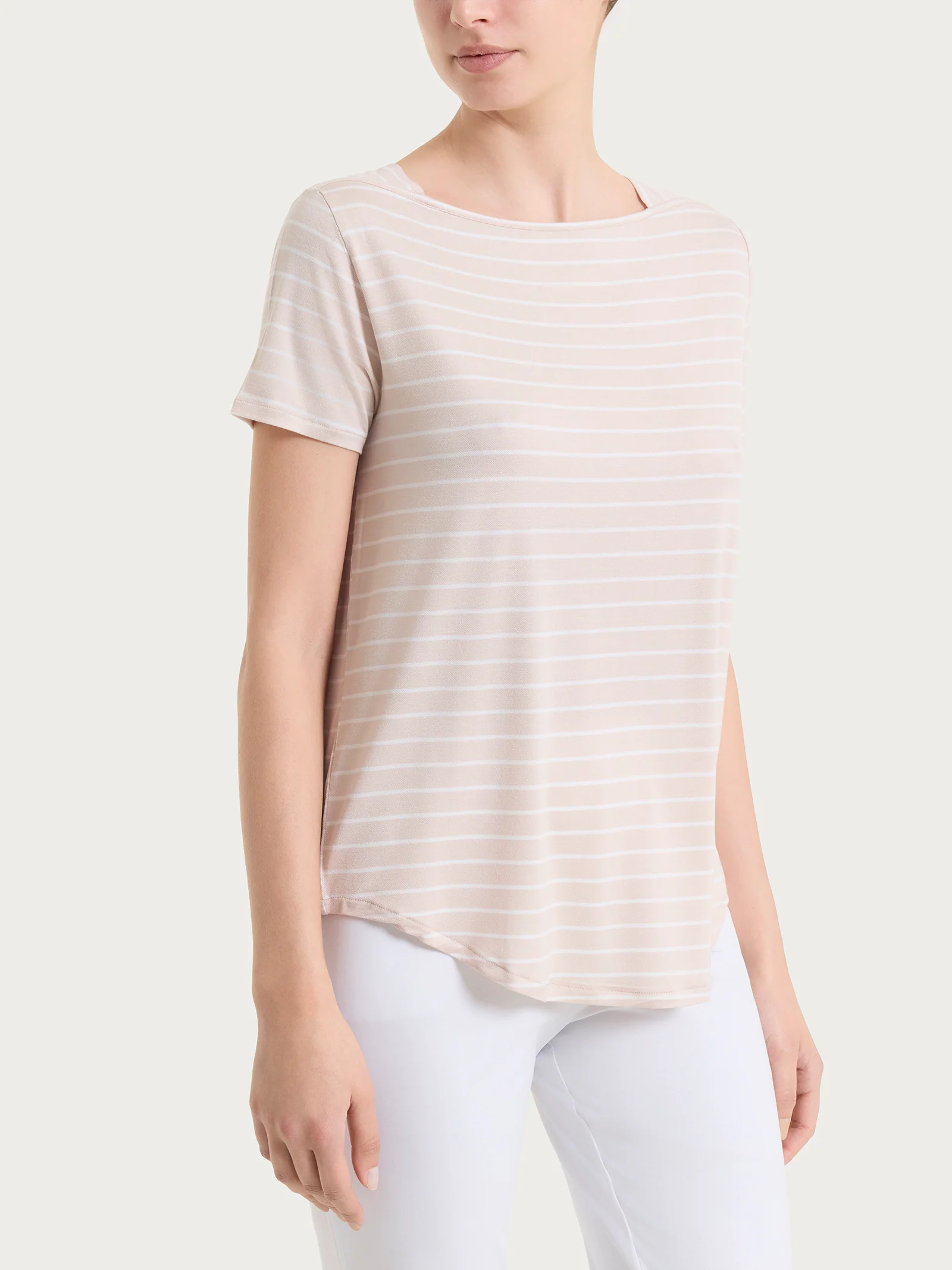 Maglietta a righe con collo a barchetta in Summer Light Piquet - Fant. Almond Peach