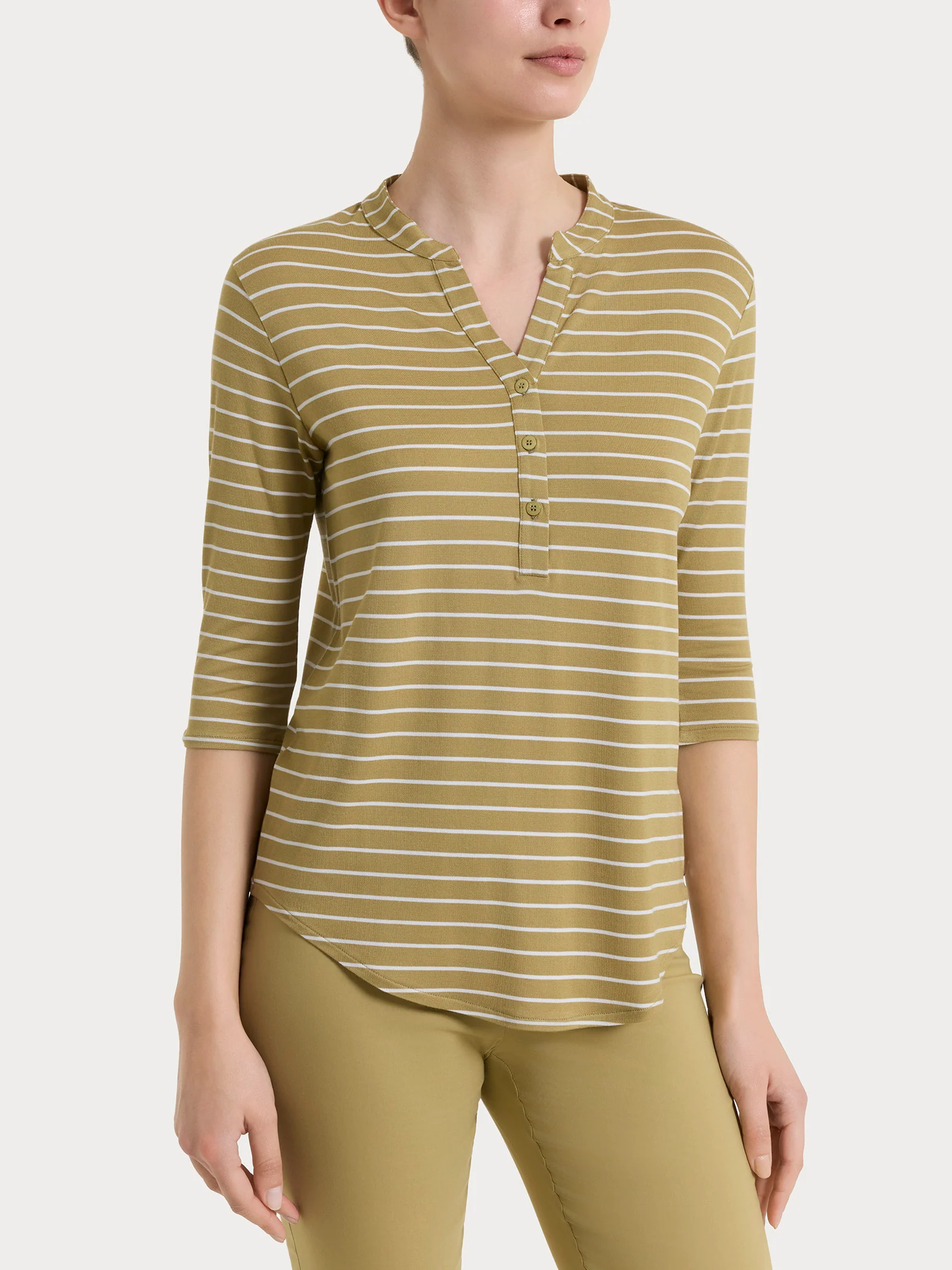 Maglietta a righe con collo a serafino in Summer Light Piquet - Fant. Khaki