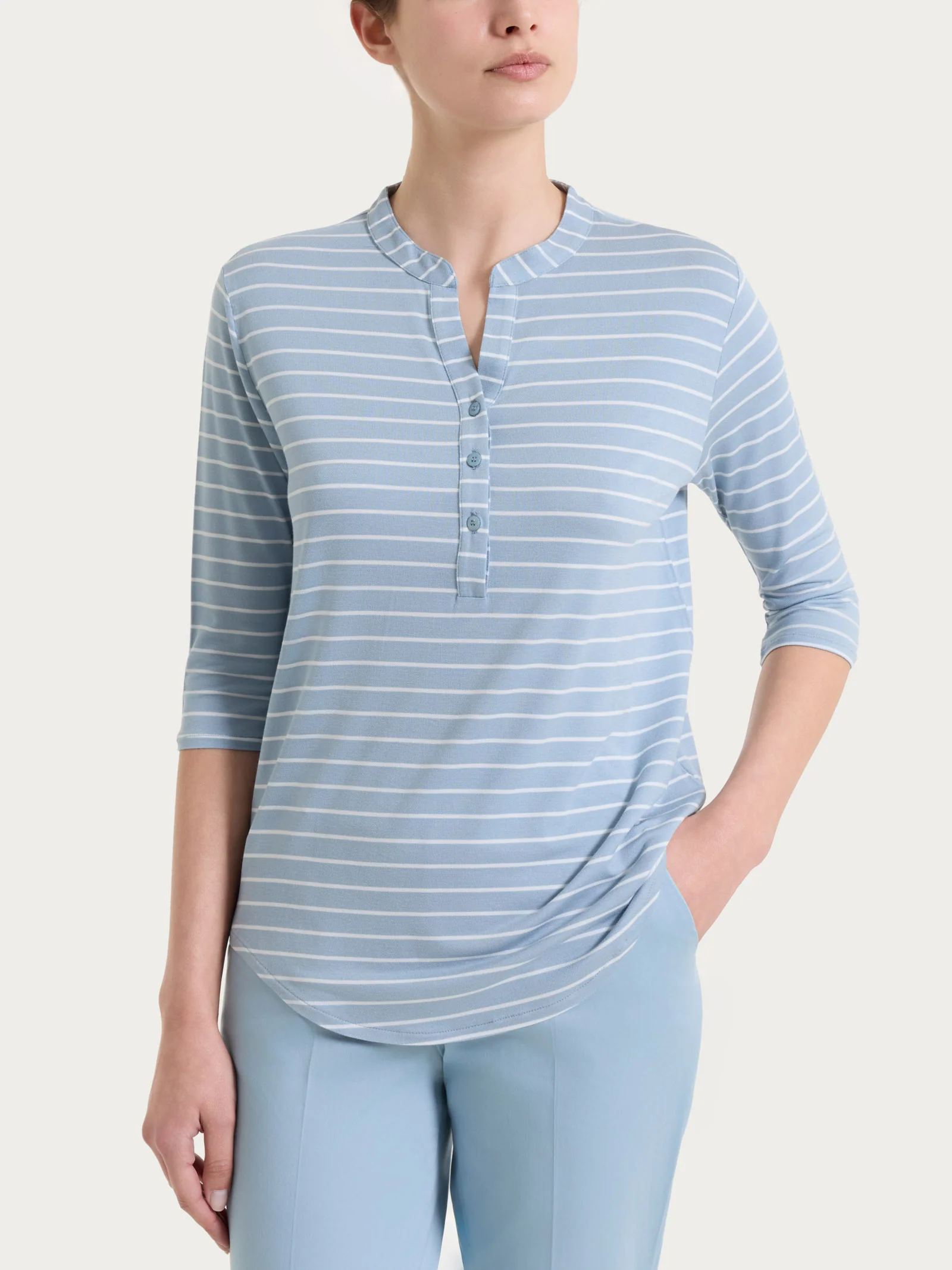 Maglietta a righe con collo a serafino in Summer Light Piquet - Fant. Dusty Blue