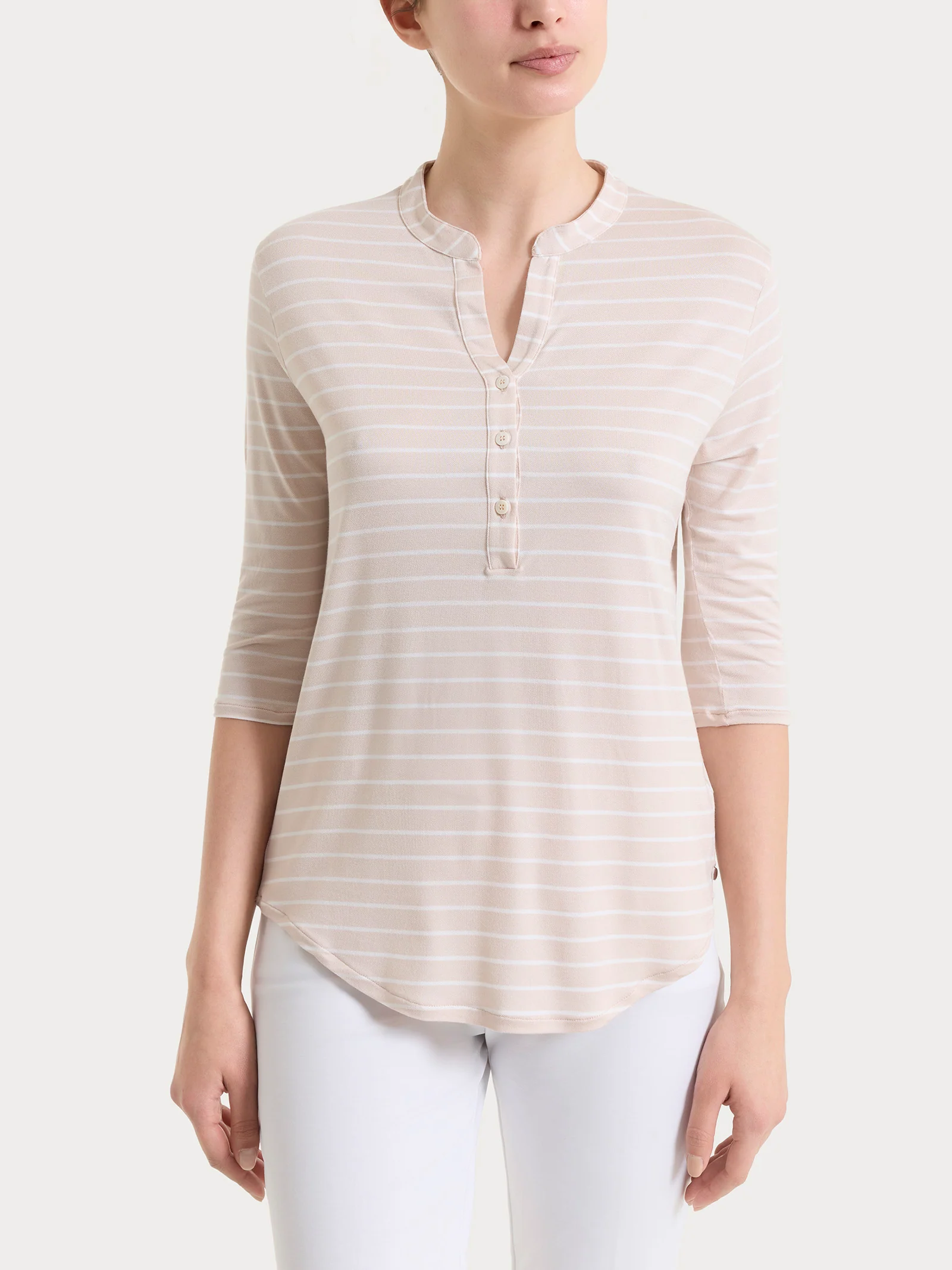 Maglietta a righe con collo a serafino in Summer Light Piquet - Fant. Almond Peach