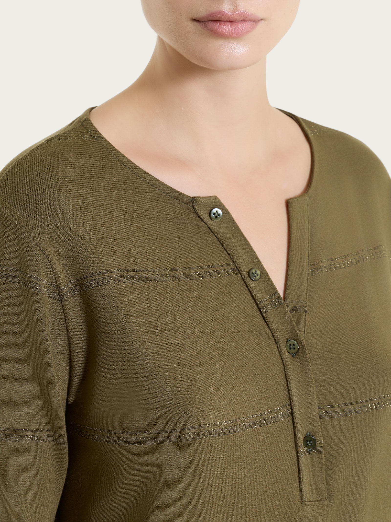 Maglietta a righe con collo a serafino in Viscosa Summer e Lurex - Fant. Dark Olive riga spaziata - Image 4