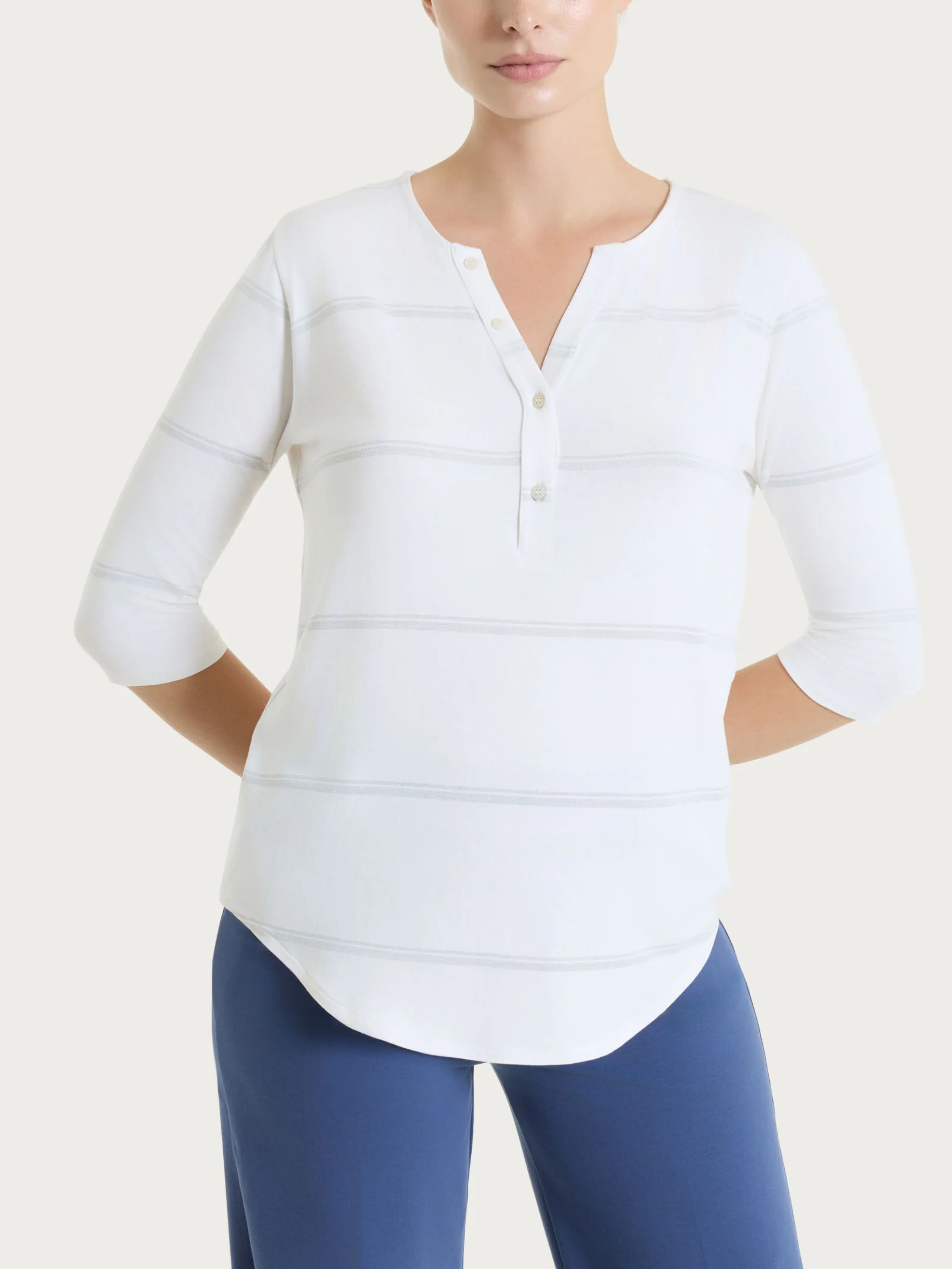Maglietta a righe con collo a serafino in Viscosa Summer e Lurex - Fant. Bianco riga spaziata