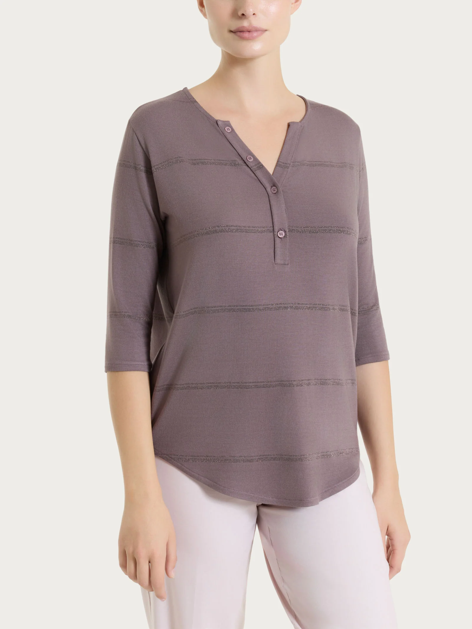 Maglietta a righe con collo a serafino in Viscosa Summer e Lurex - Fant. Plum Truffle riga spaziata