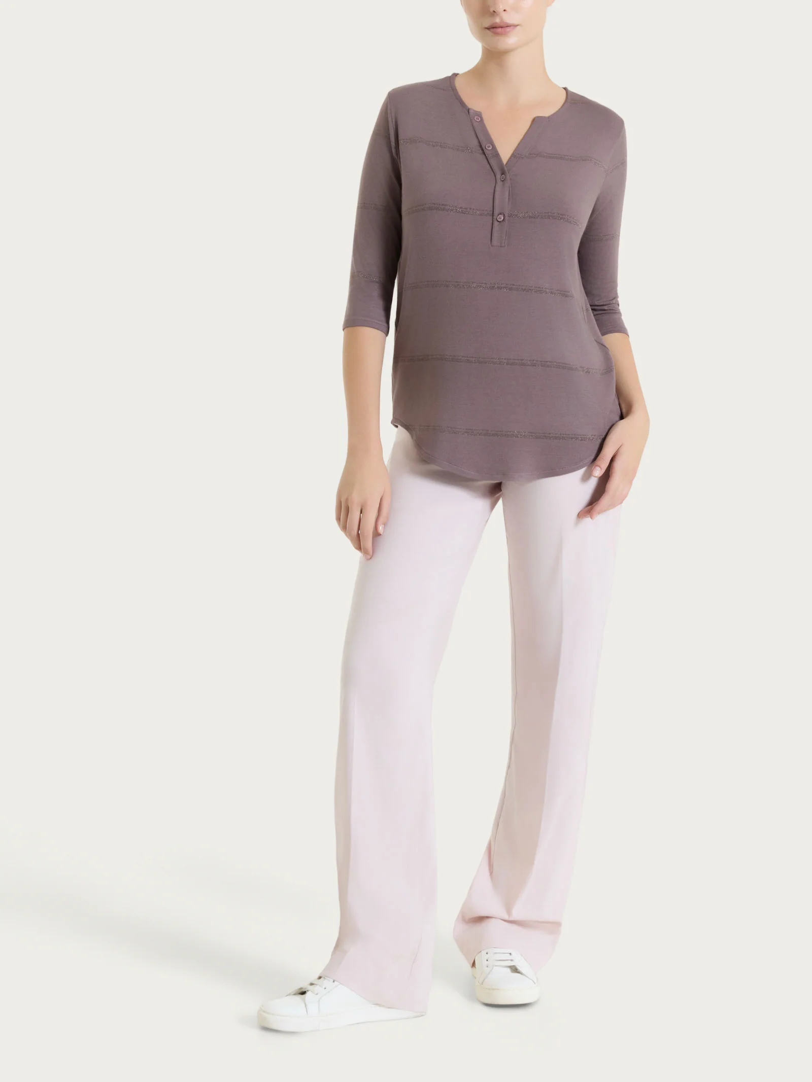 Maglietta a righe con collo a serafino in Viscosa Summer e Lurex - Fant. Plum Truffle riga spaziata - Image 5