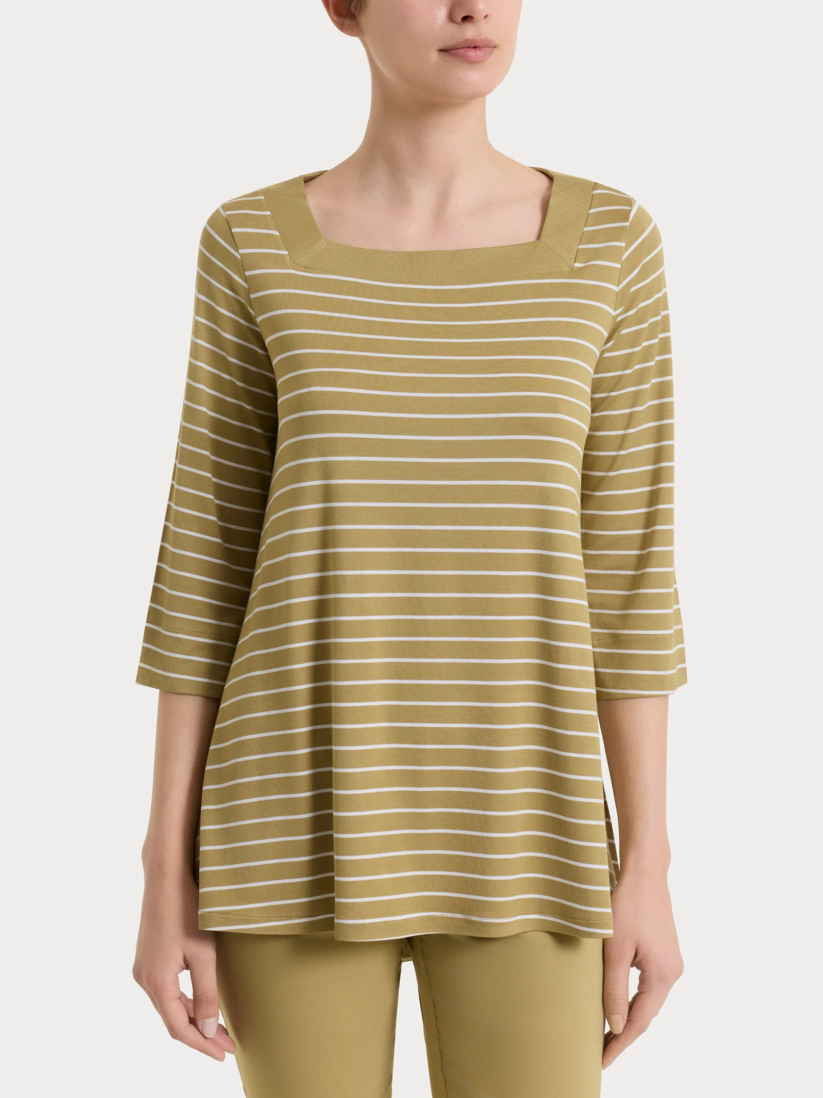 Maglietta a righe con collo squadrato in Summer Light Piquet - Fant. Khaki