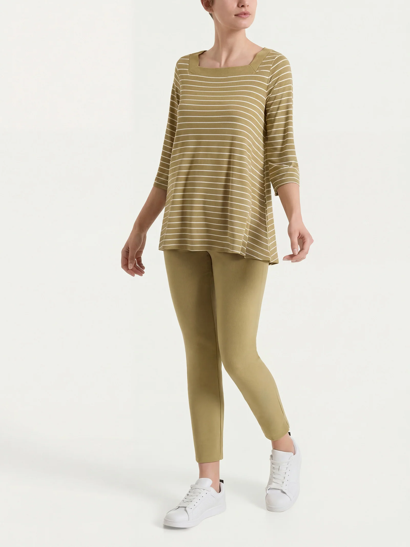 Maglietta a righe con collo squadrato in Summer Light Piquet - Fant. Khaki - Image 5