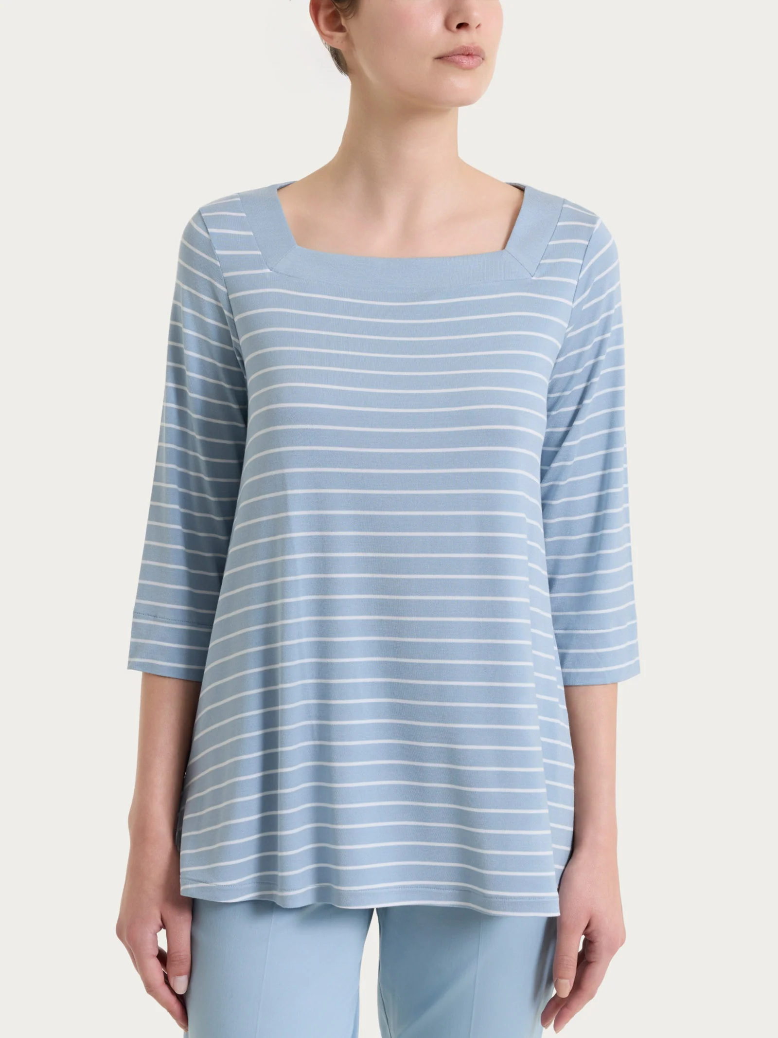 Maglietta a righe con collo squadrato in Summer Light Piquet - Fant. Dusty Blue
