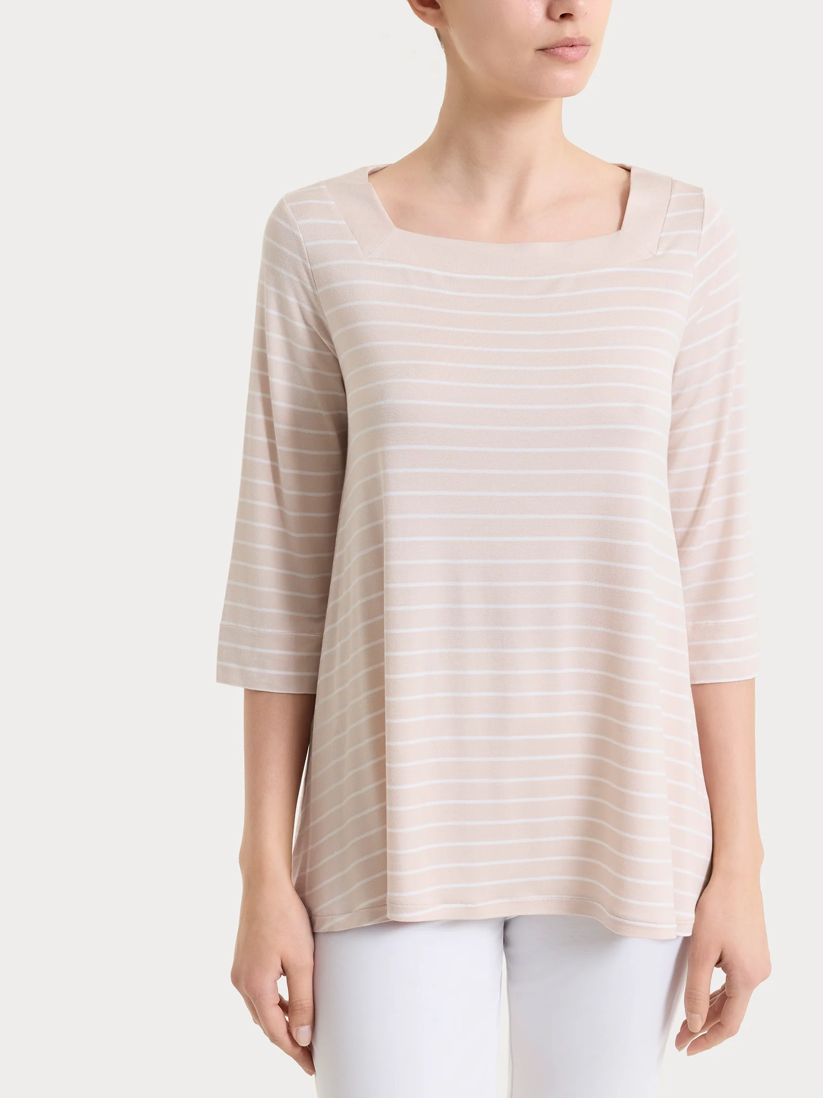 Maglietta a righe con collo squadrato in Summer Light Piquet - Fant. Almond Peach