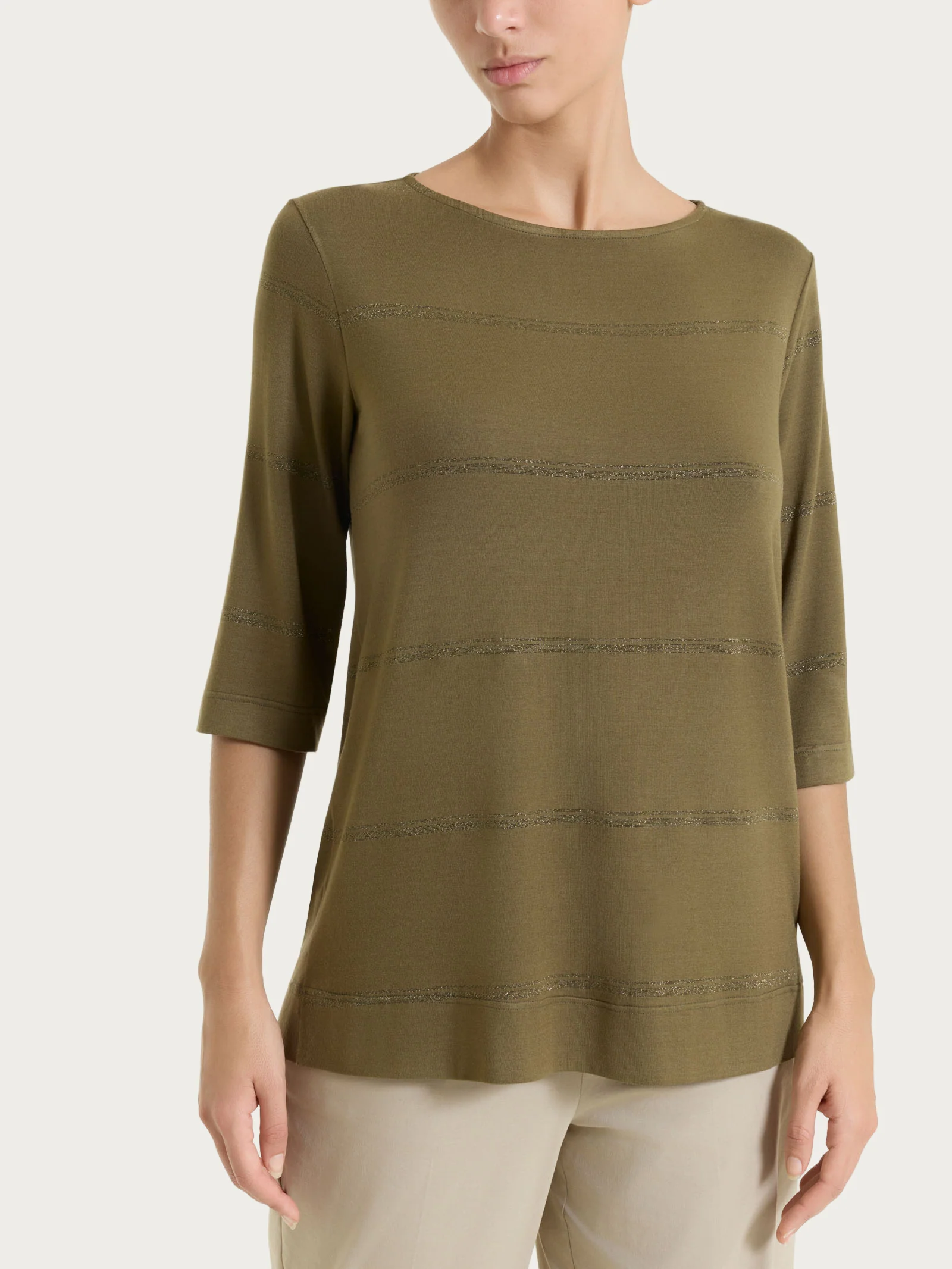 Maglietta a righe con manica 3/4 in Viscosa Summer e Lurex - Fant. Dark Olive riga spaziata