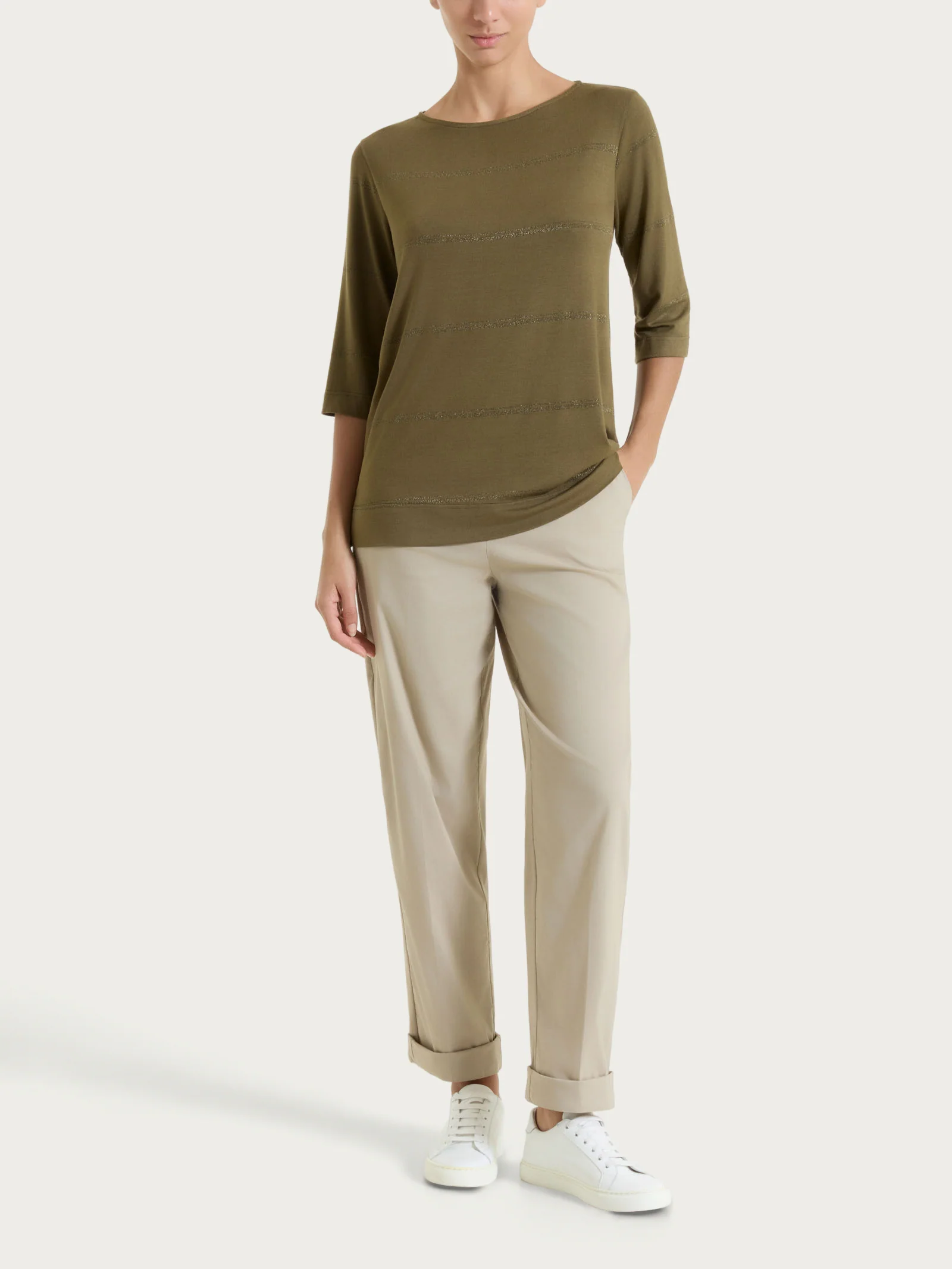 Maglietta a righe con manica 3/4 in Viscosa Summer e Lurex - Fant. Dark Olive riga spaziata - Image 5