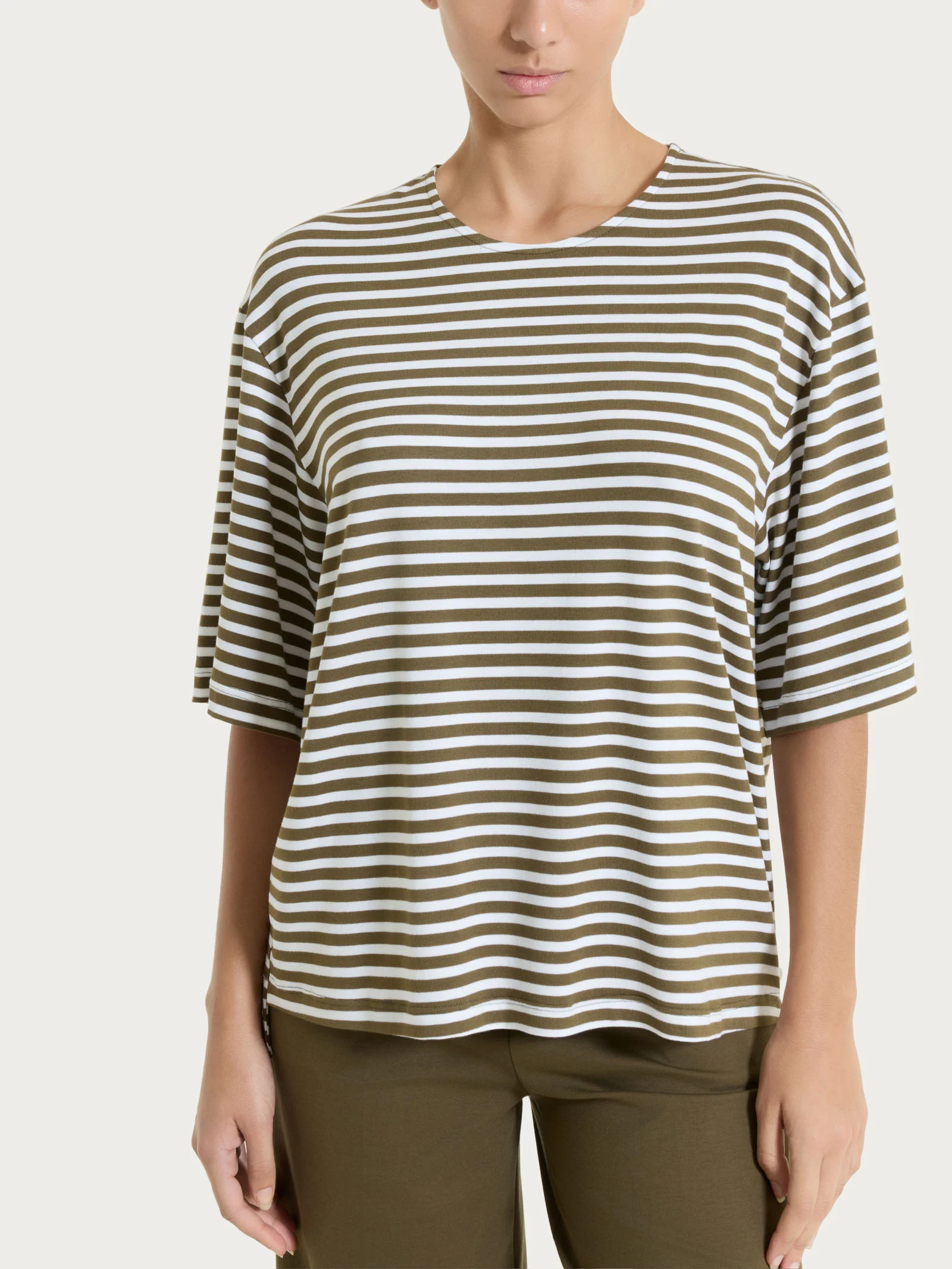 Maglietta boxy a righe in Viscosa Summer - Fant. Dark Olive riga pari