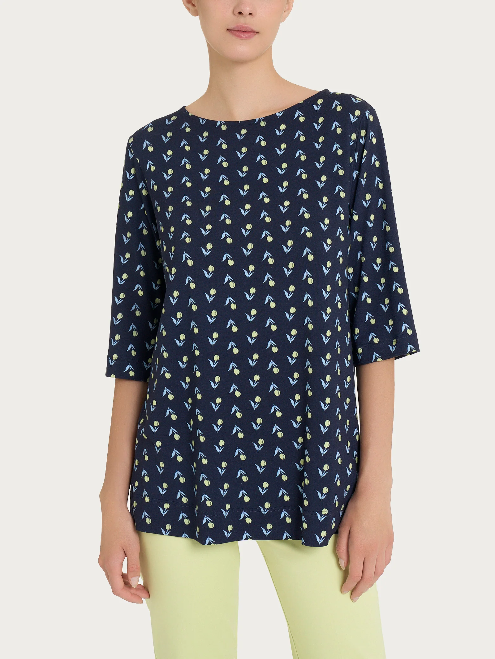 Maglietta con ampio girocollo e tulips pattern in jersey di viscosa Crêpe - Fant.Bleu