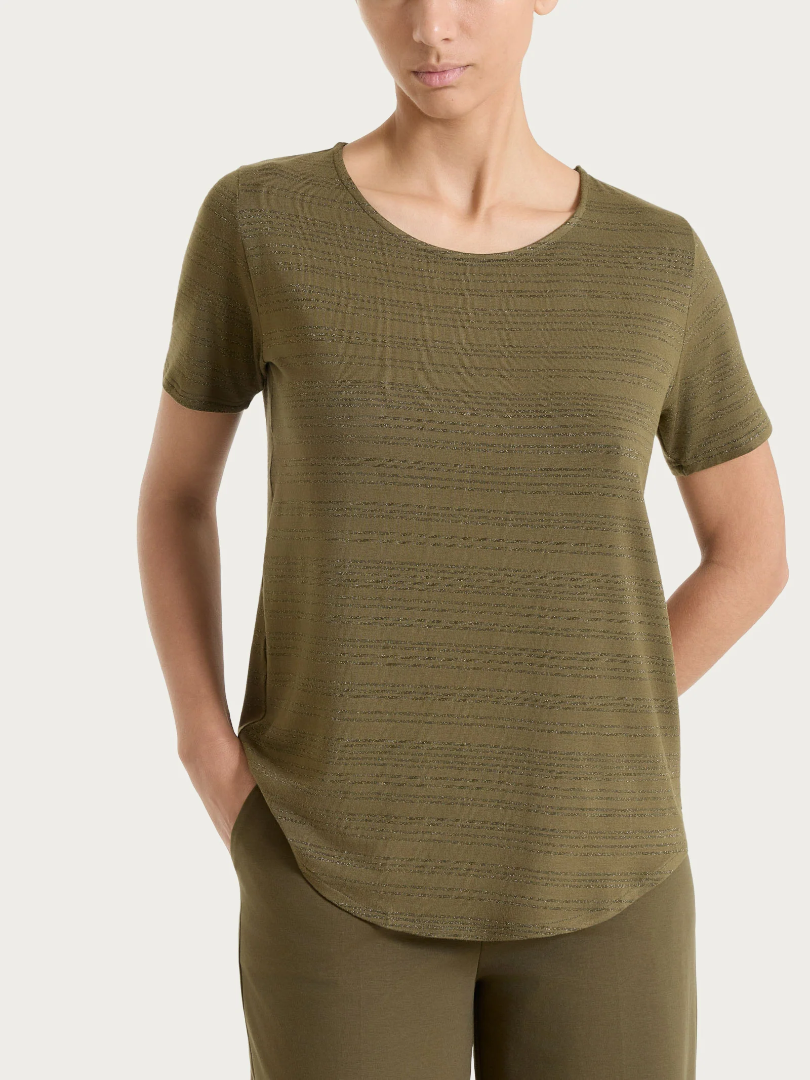 Maglietta con righe orizzontali alternate in Viscosa Summer e Lurex - Fant. Dark Olive
