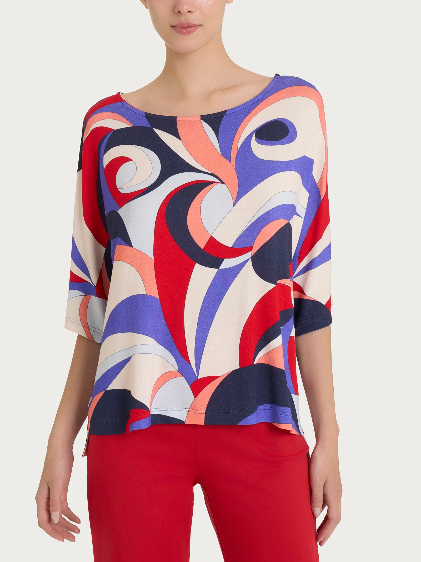 Maglietta con scollo a barchetta e waves pattern in Viscosa Summer - Fant.Blu