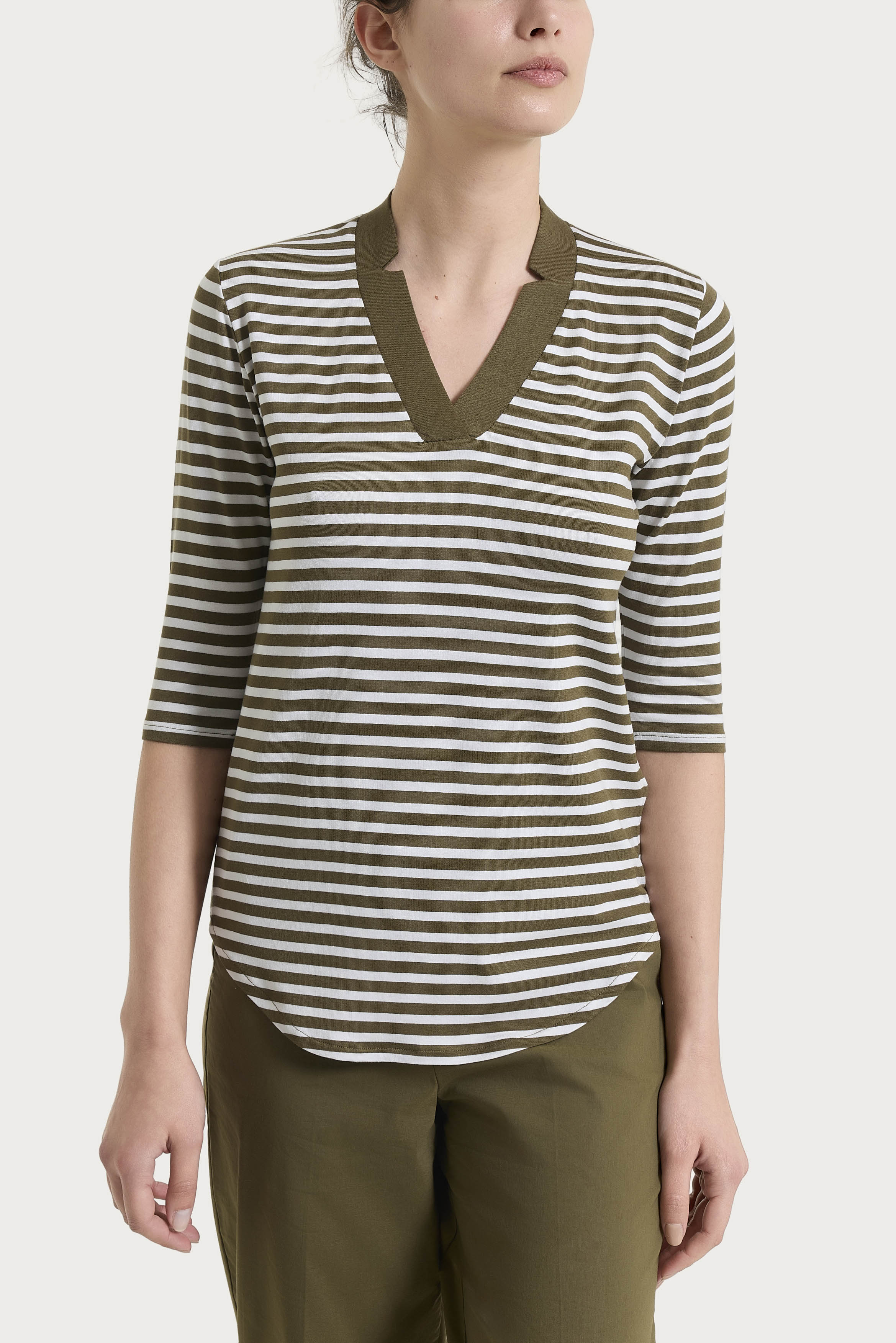 Maglietta con scollo a V a righe in Viscosa Summer - Fant. Dark Olive riga pari