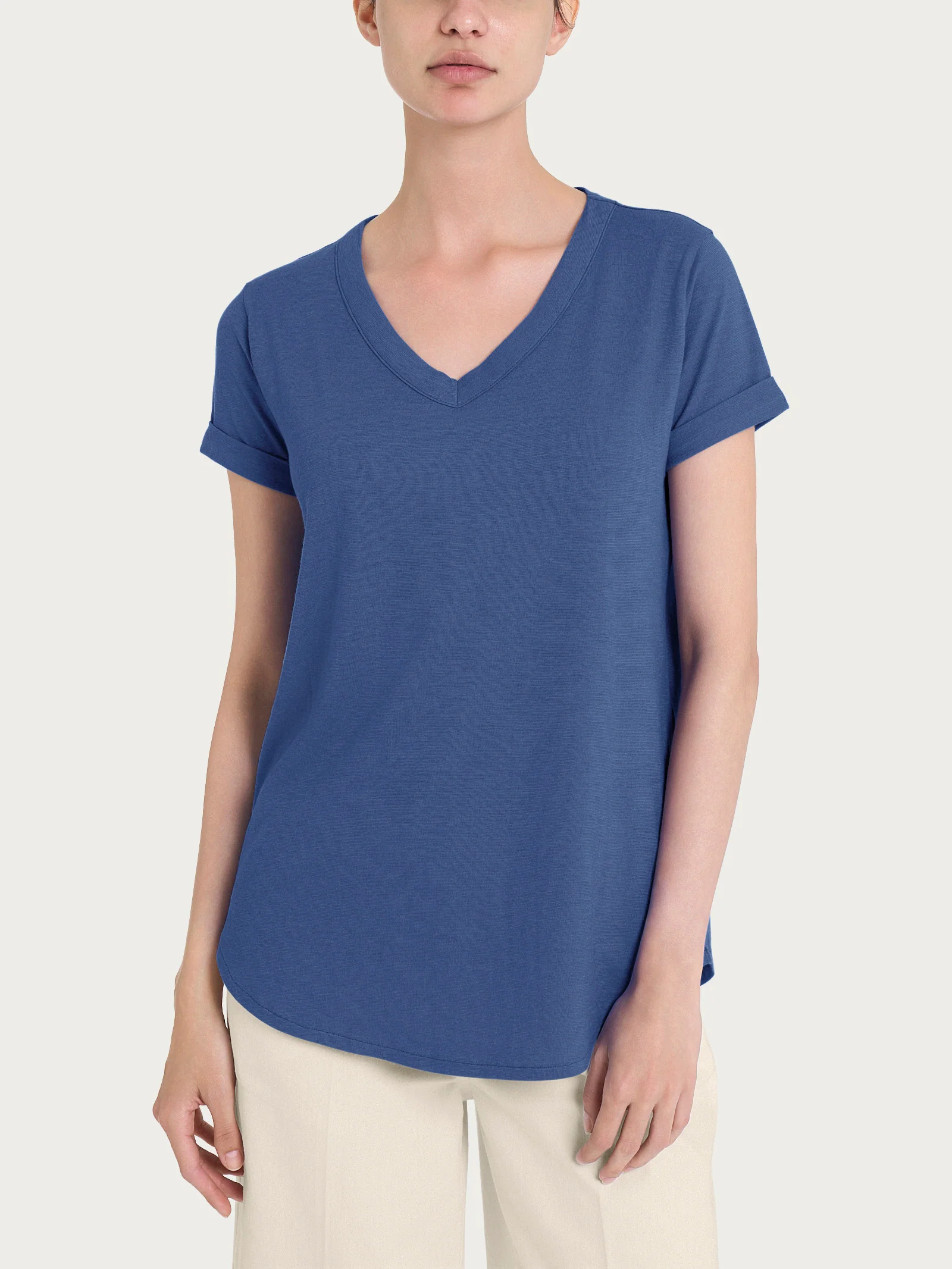 Maglietta con Scollo a V in slub jersey di cotone - Oceana