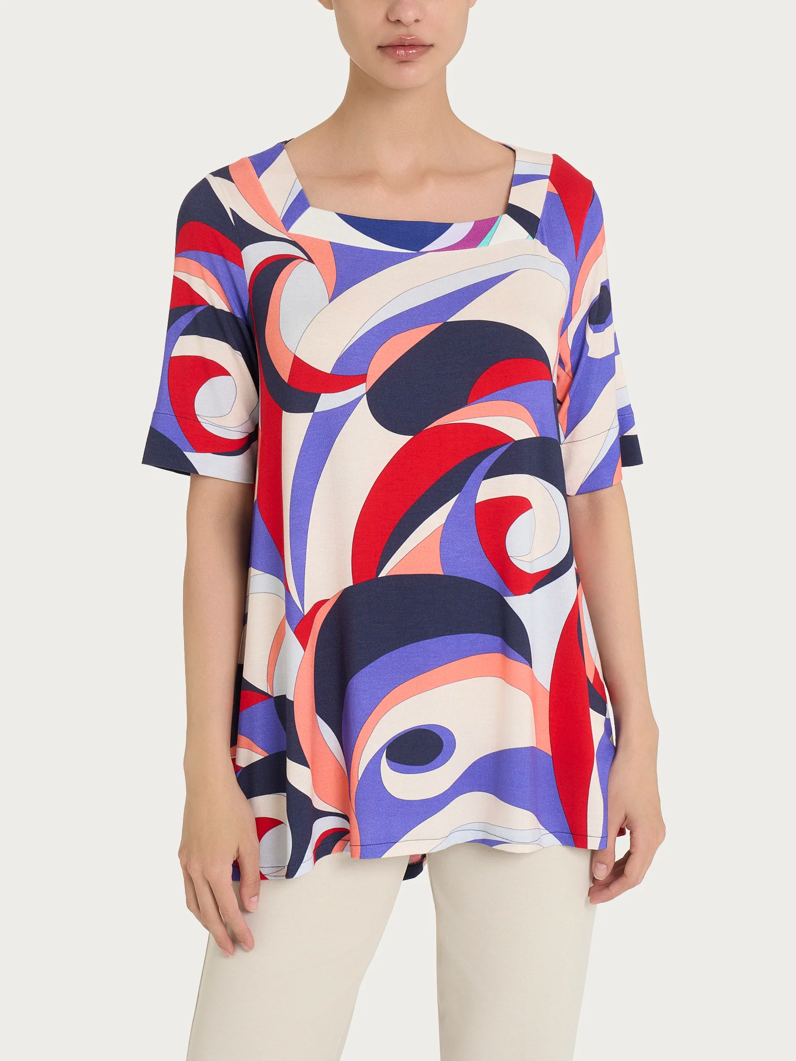 Maglietta con scollo squadrato e waves pattern in Viscosa Summer - Fant.Blu