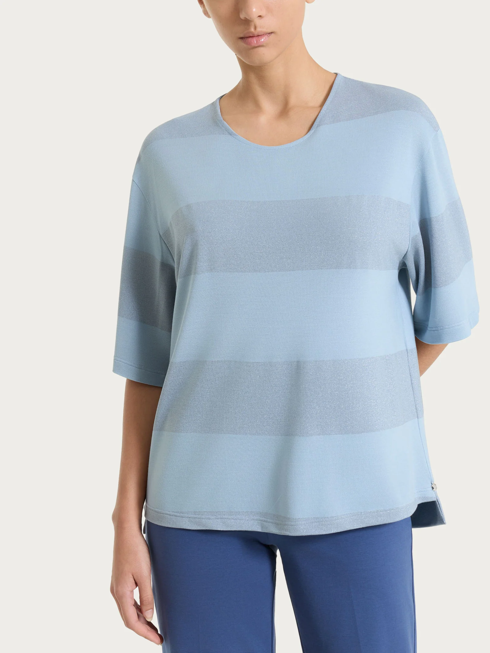 Maglietta girocollo con macro righe in Summer Light e Lurex - Fant. Dusty Blue