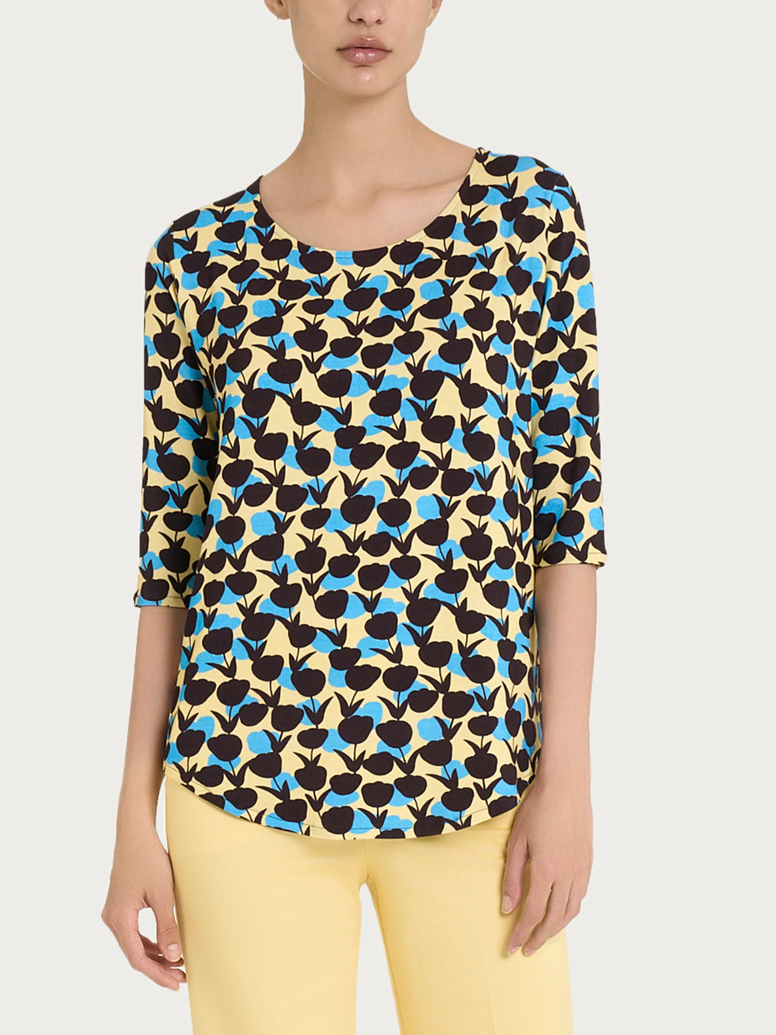 Maglietta girocollo con tulips pattern in Viscosa Summer - Fant. Pale Banana