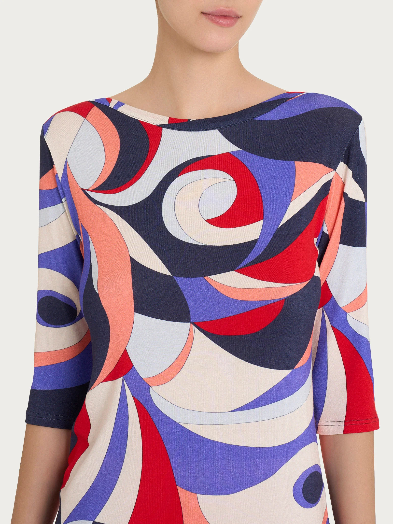 Maglietta girocollo con waves pattern in Viscosa Summer - Fant.Blu - Image 3