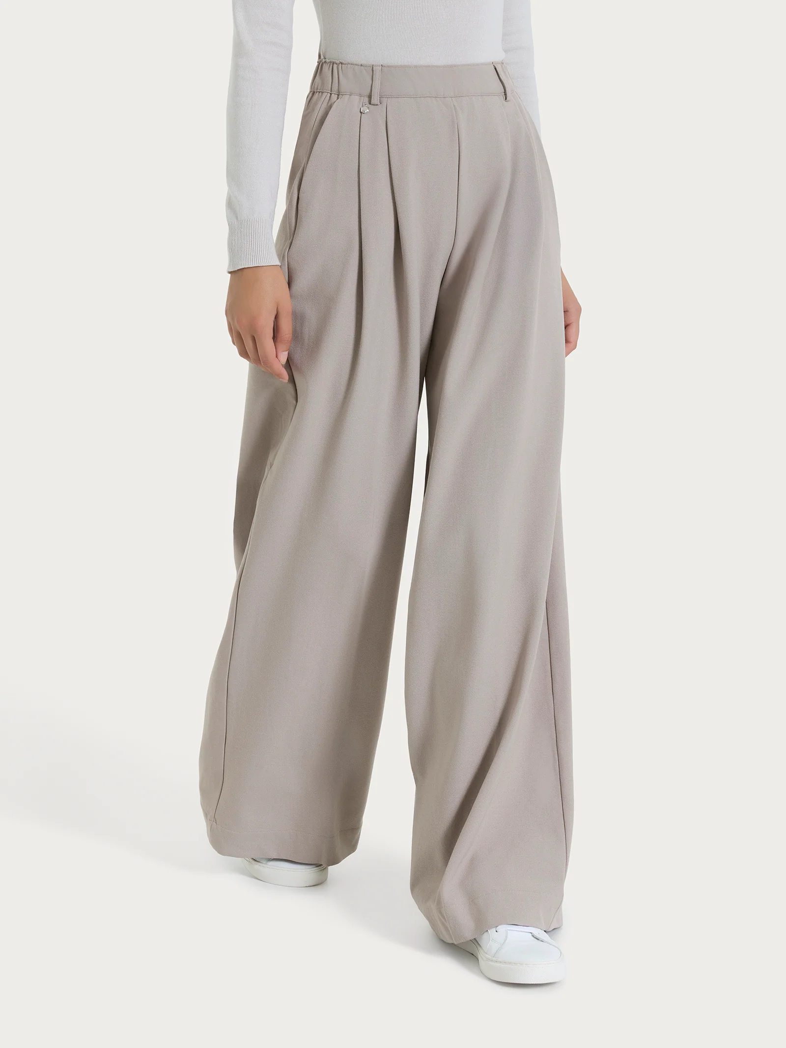 Pantalone a palazzo con tasche e pinces in Flannel Twill - Nude
