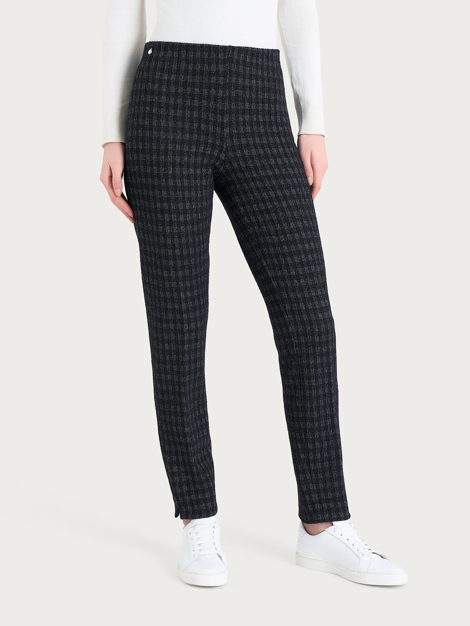 Pantalone a sigaretta con spacchetti in Eco Jacquard misto lana - Fant.Nero