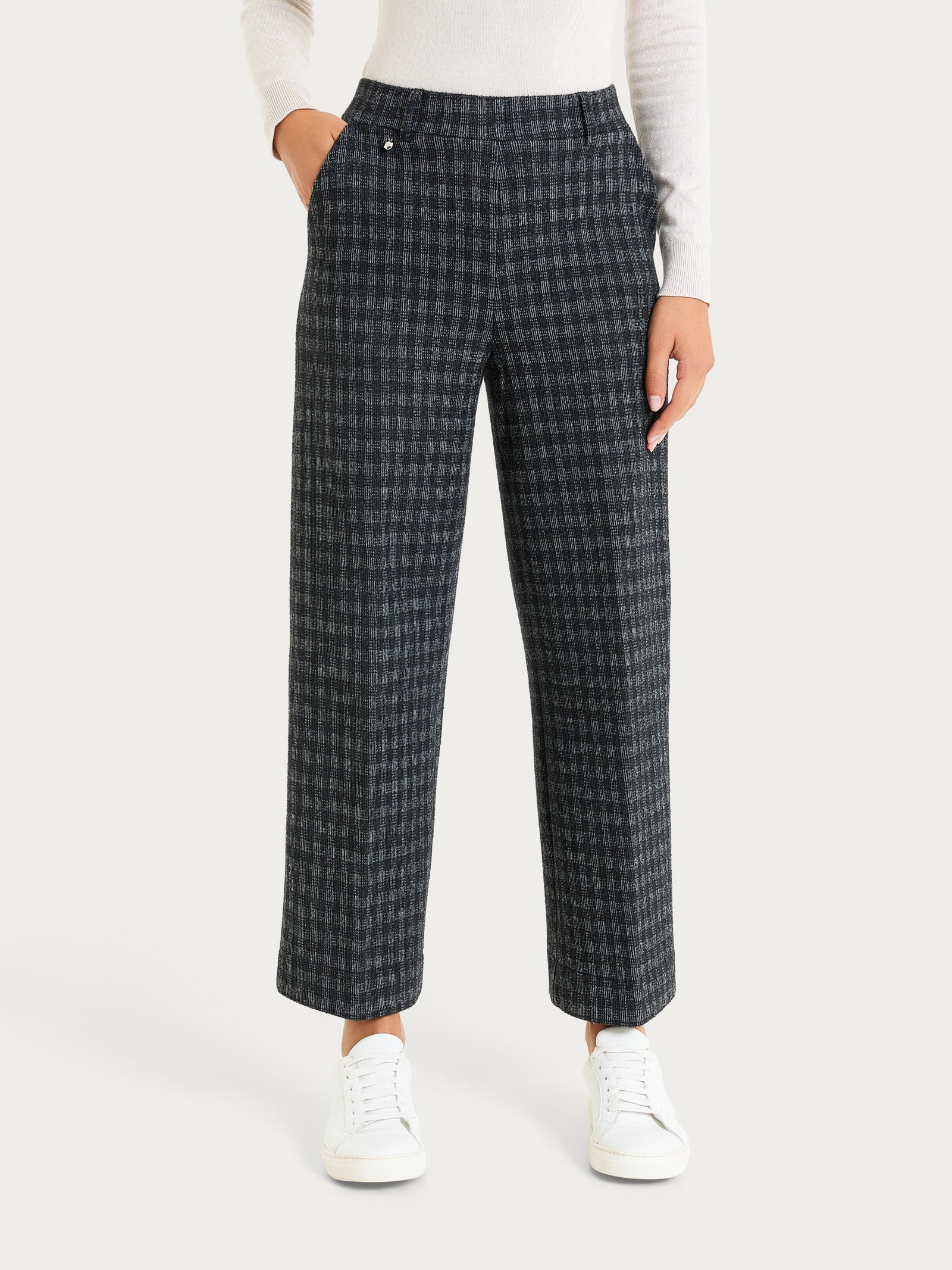Pantalone ampio alla caviglia in Eco Jacquard misto lana - Fant.Nero