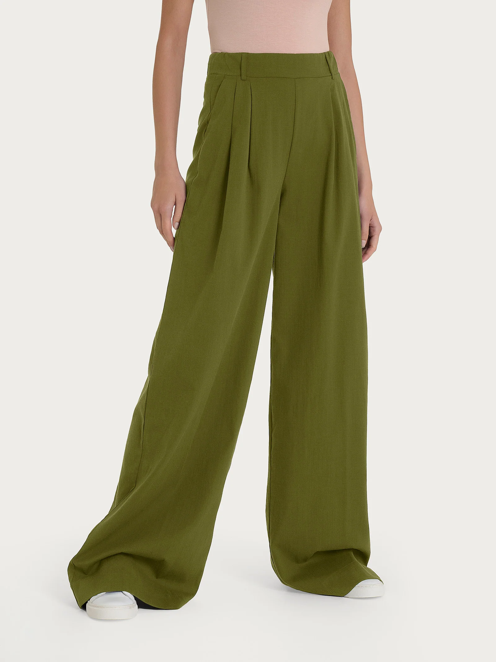 Pantalone palazzo con tasche e pinces in Super Natural - Sphagnum
