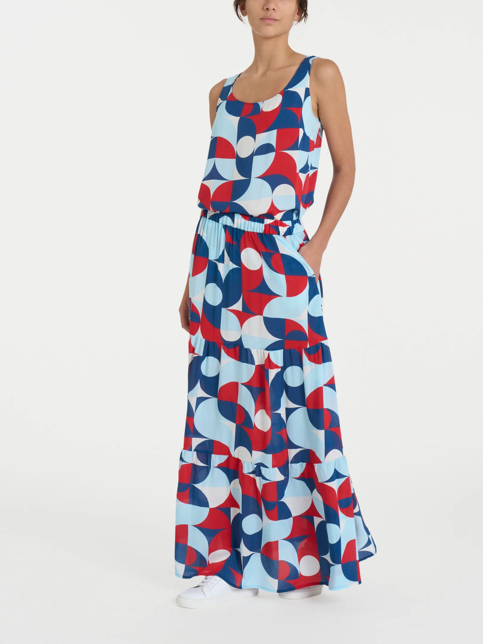 Top smanicato con geometric pattern in Ecoseta - Fant. Blueberry - Image 5